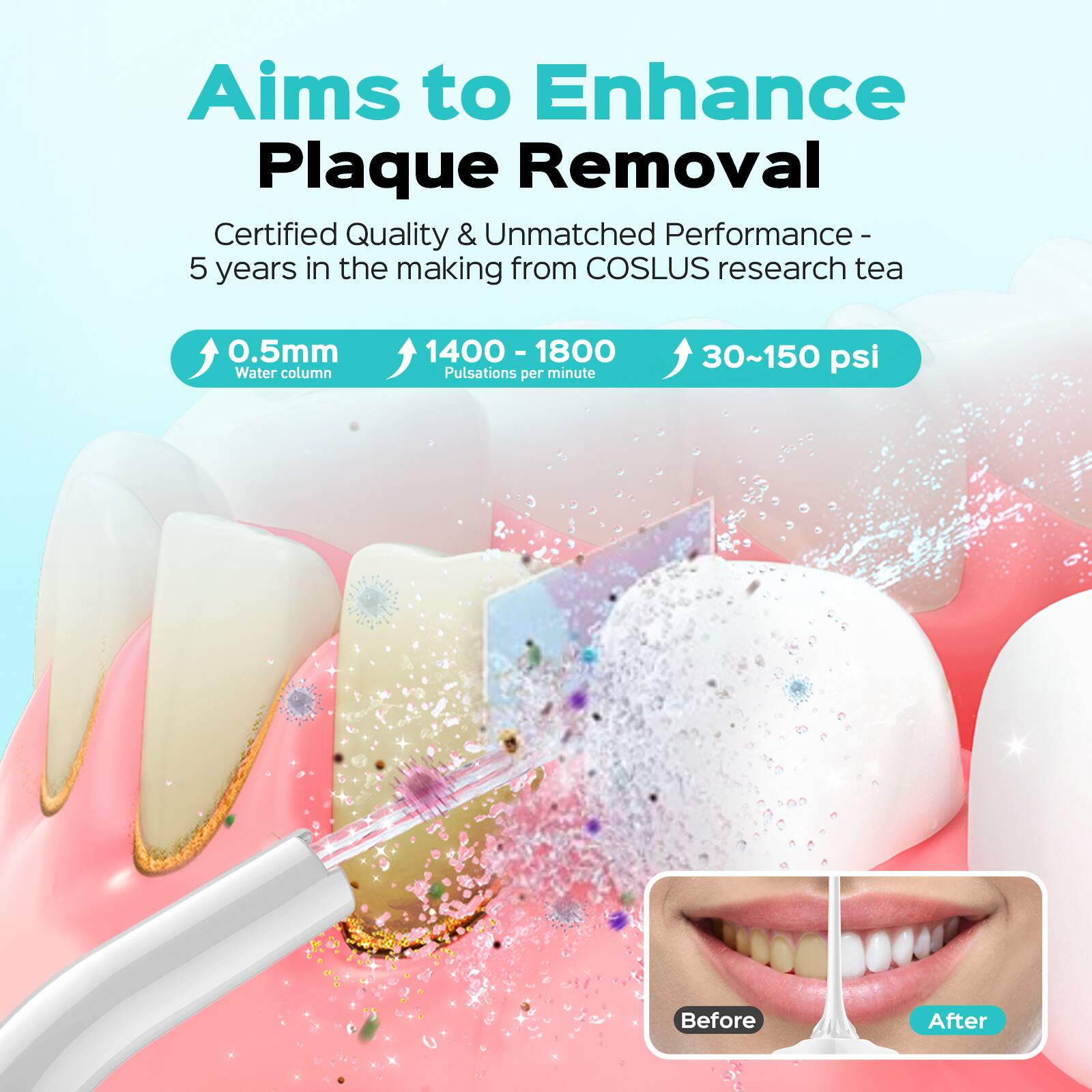 Aims to Enhance Plaque Removal  
Certified Quality & Unmatched Performance - 5 years in the making from COSLUS research team  
0.5mm Water column  
1400 - 1800 Pulsations per minute  
30~150 psi  

Before After
