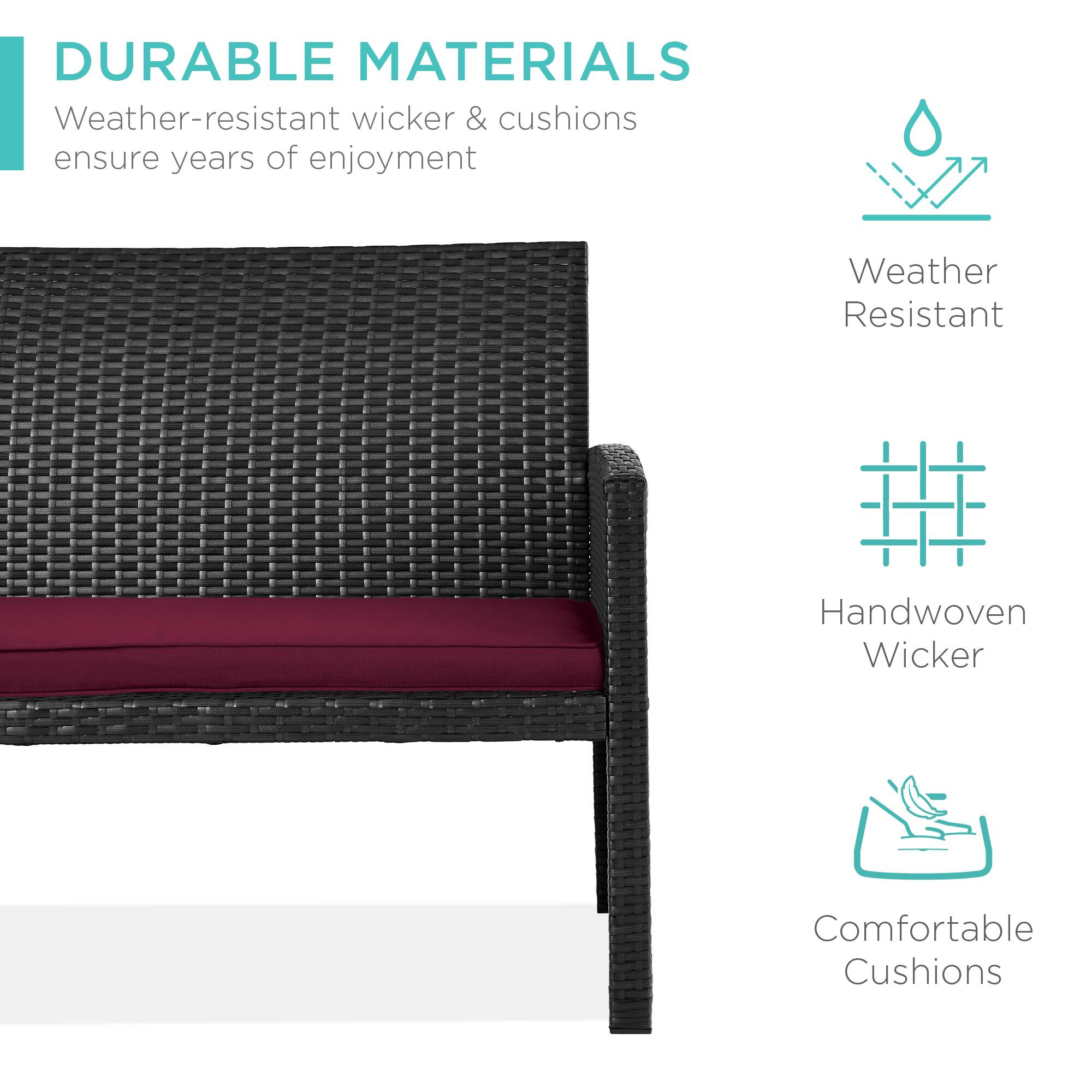 DURABLE MATERIALS  
Weather-resistant wicker & cushions ensure years of enjoyment  

Weather Resistant  
Handwoven Wicker  
Comfortable Cushions