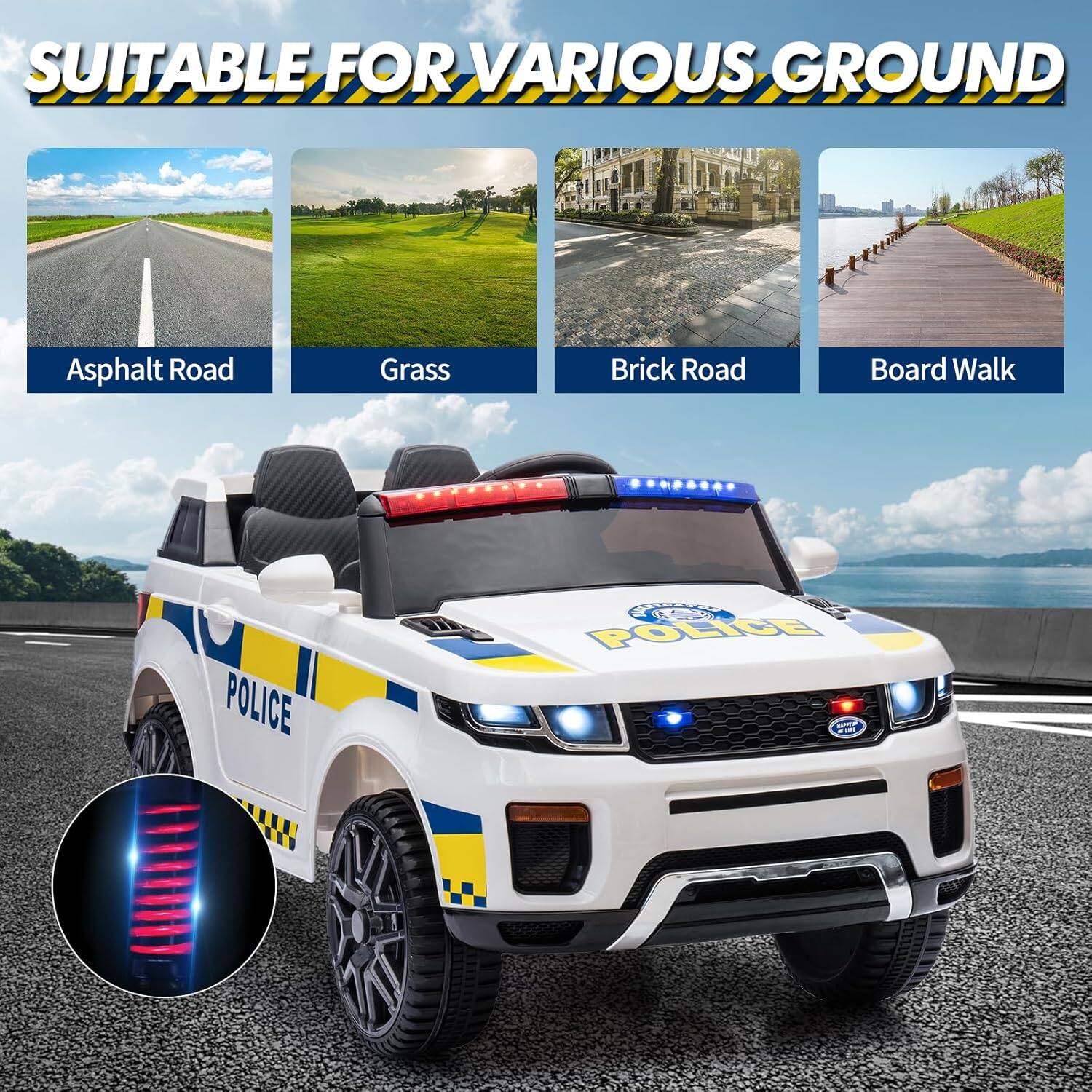 SUITABLE FOR VARIOUS GROUND

- Asphalt Road
- Grass
- Brick Road
- Board Walk

POLICE
