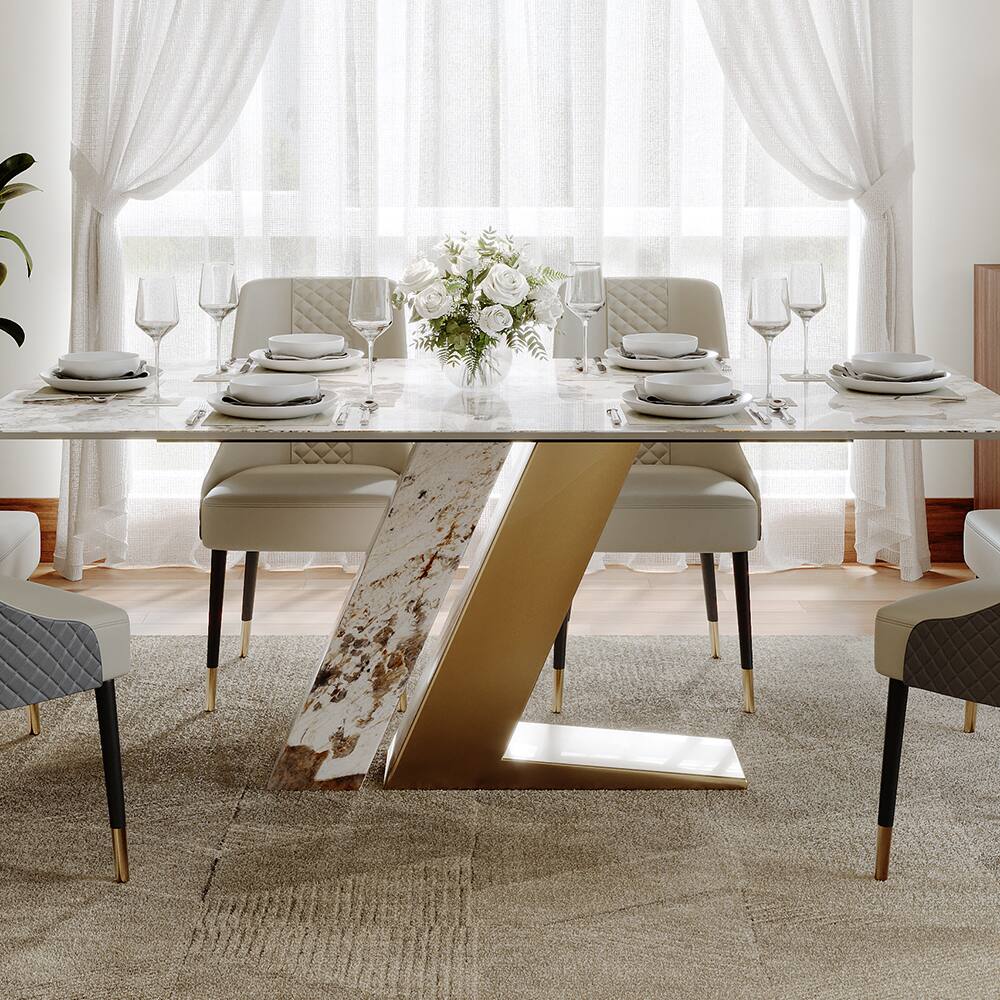 Alt View 2. POVISON - 63"Modern Luxury Glossy Gold Sintered Stone Rectangular Dining Table for 4, White & Gold Z-shaped Stainless Steel Base - Pandora & Gold.