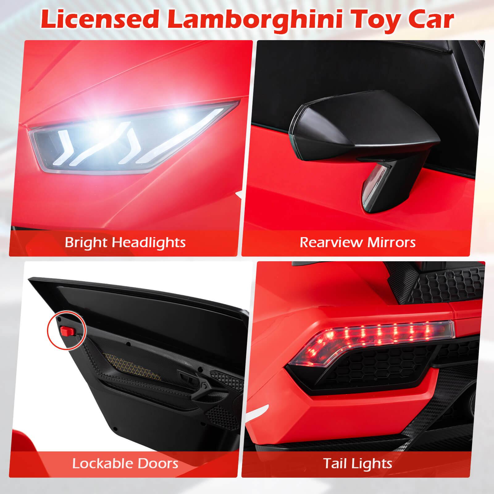 Licensed Lamborghini Toy Car

- Bright Headlights
- Rearview Mirrors
- Lockable Doors
- Tail Lights