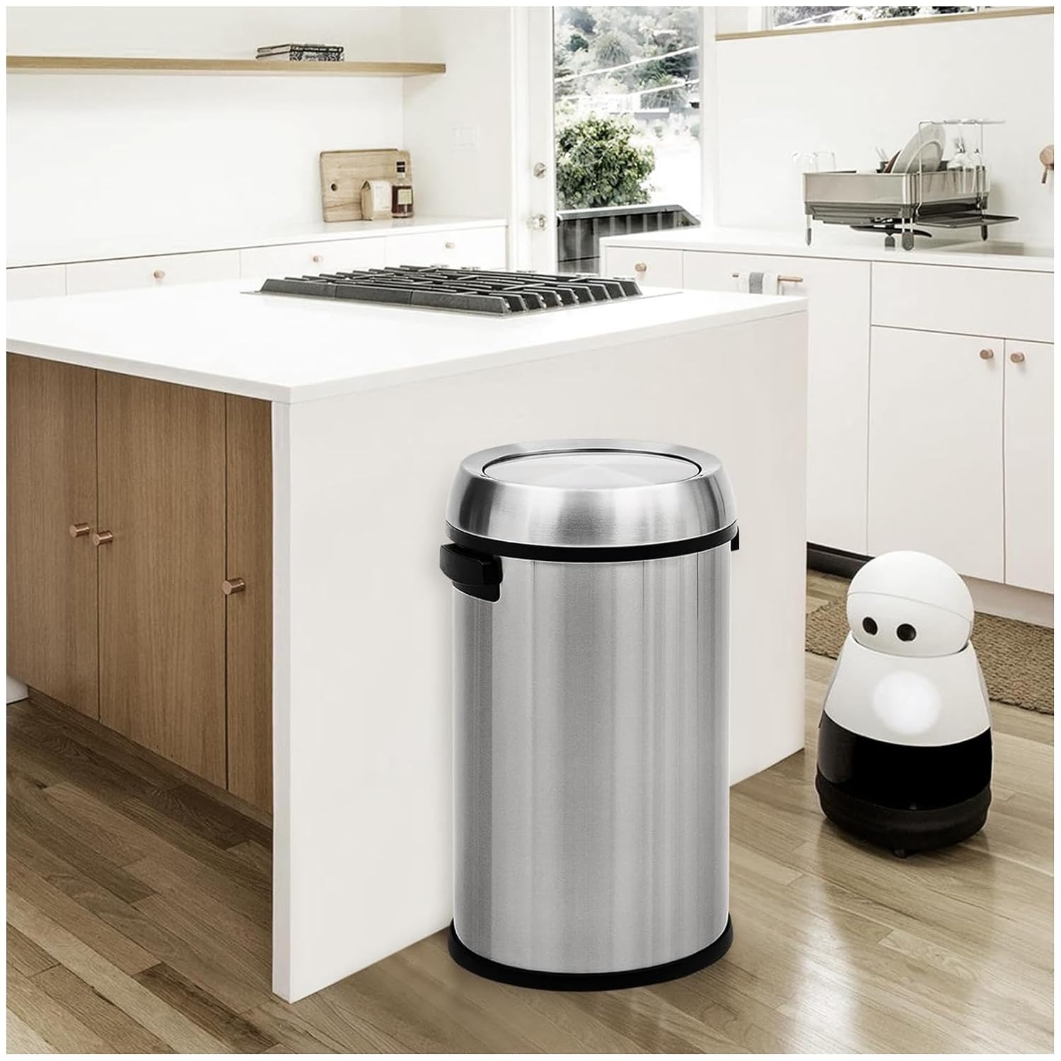Angle. Acekool - 17 Gallon Commercial Grade Swing Top Trash Can, Heavy Duty Brushed Stainless Steel Outdoor & Kitchen Bin - Silver.