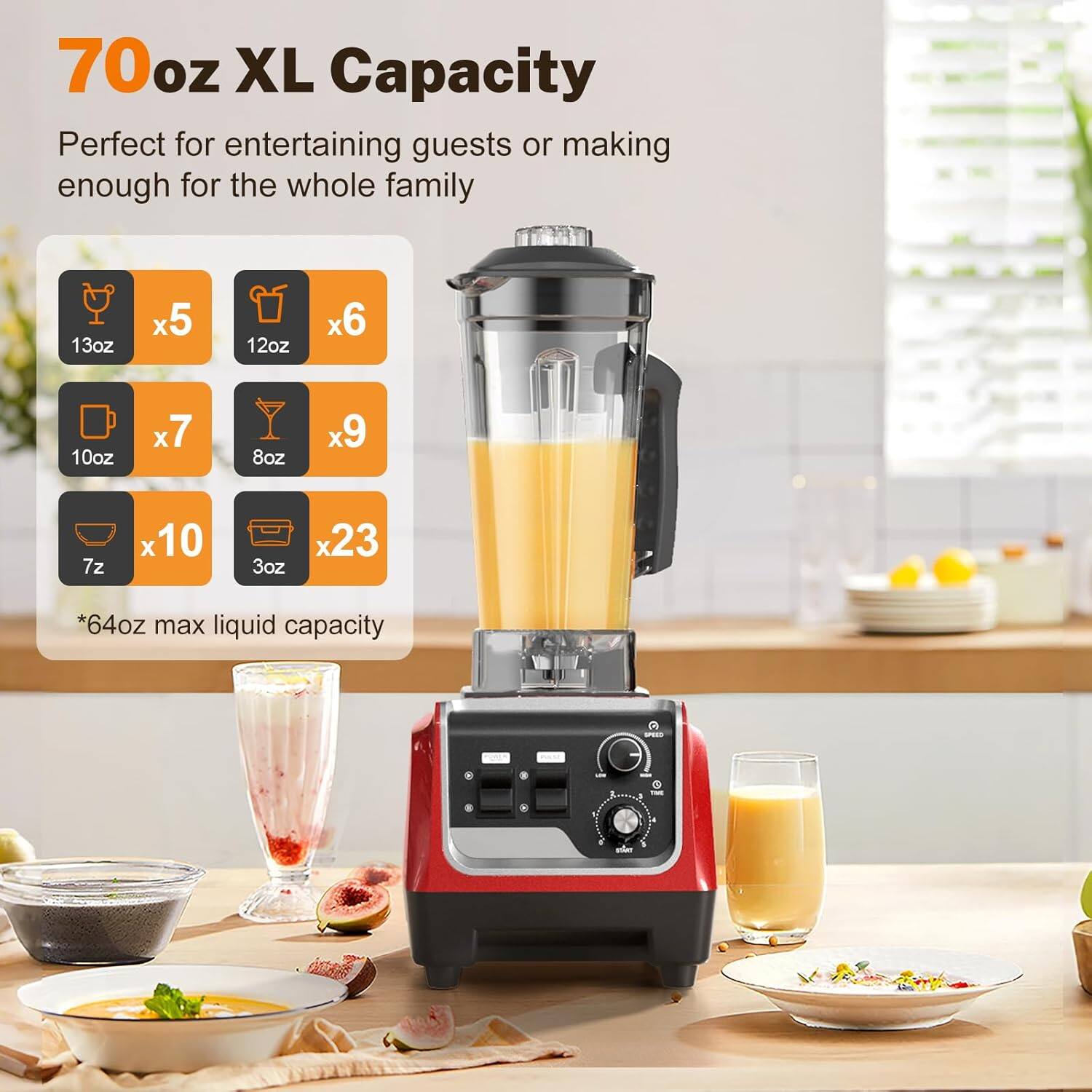 70oz XL Capacity Perfect for entertaining guests or making enough for the whole family 13oz x5 12oz x6 10oz x7 8oz x9 7z x10 3oz x23 *64oz max liquid capacity