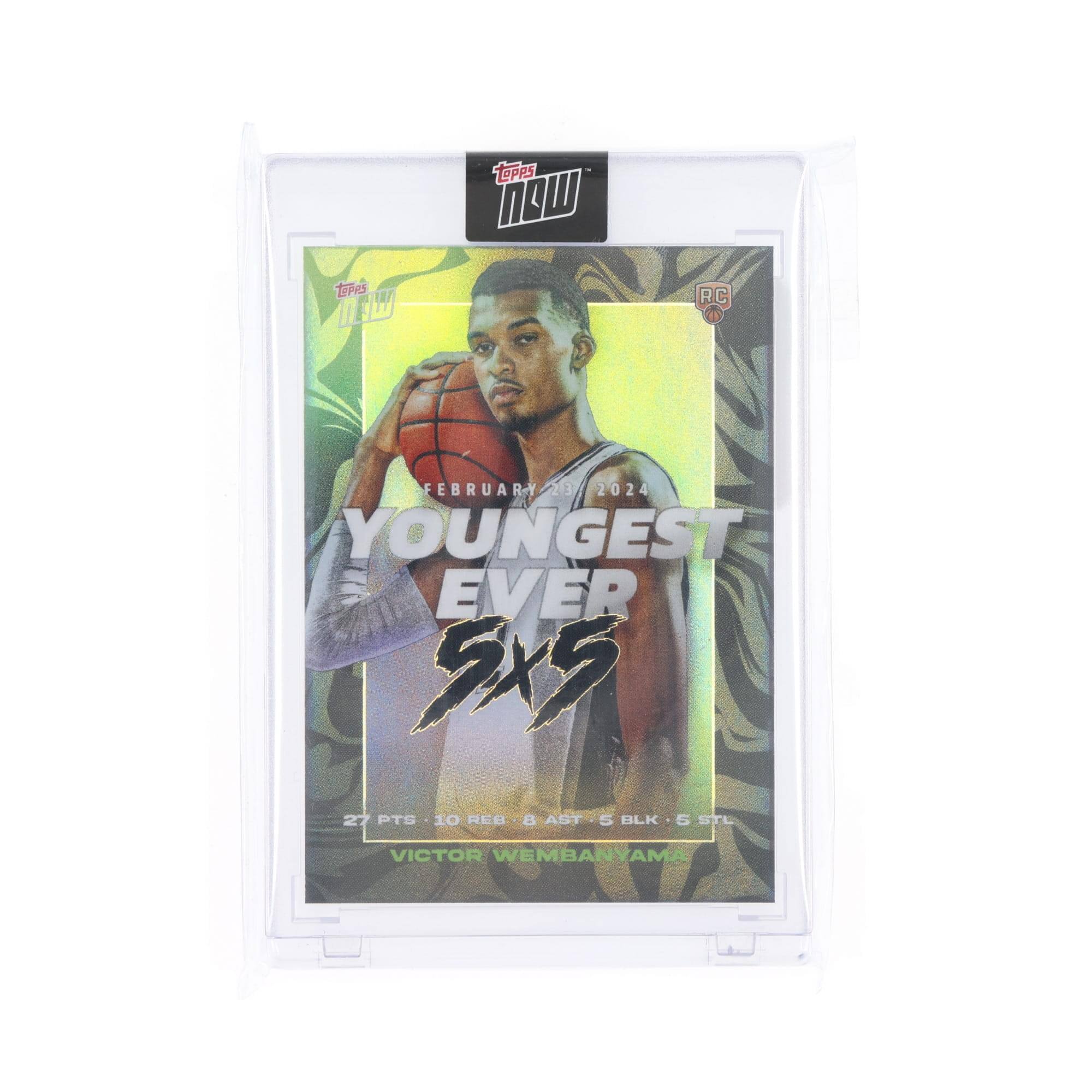 Sure, here is the corrected and grouped text from the image:

---

**Topps Now**

**FEBRUARY 23, 2024**

**YOUNGEST EVER 5X5**

**27 PTS | 10 REB | 8 AST | 5 BLK | 5 STL**

**VICTOR WEMBANYAMA**

---

**RC**

**Topps Now**

**2024**

---