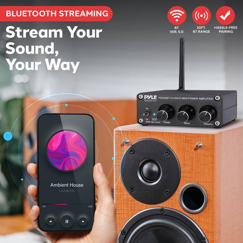 BLUETOOTH STREAMING  
Stream Your Sound, Your Way  

BT VER. 5.0  
30FT. BT RANGE  
HASSLE-FREE PAIRING  

PYLE PDA22BT CLASS D MINI POWER AMPLIFIER  
PyleUSA.com  

Ambient House  
Lounge hits  

1:47  
3:25  

200W Max Power  
Treble  
Bass  
Volume