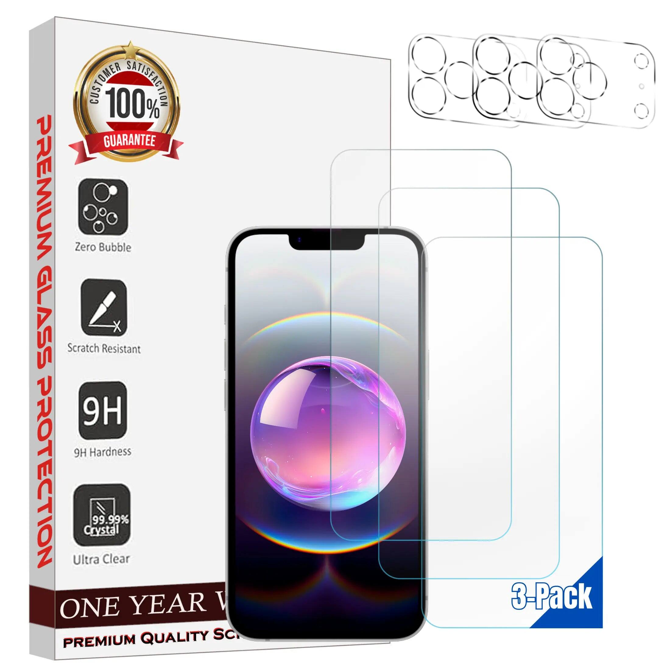 CUSTOMER 100% SATISFACTION GUARANTEE  
PREMIUM Zero Bubble GLASS Scratch Resistant 9H 9H Hardness PROTECTION  
ONE Ultra Crystal 99.99% Clear  
YEAR 1 QUALITY  
3-Pack