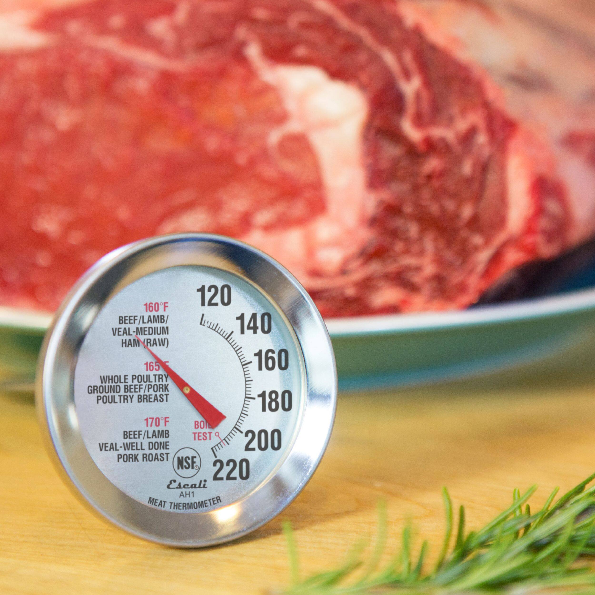 120 160F BEEF/LAMB/ VEAL-MEDIUM HAM(RAW) 165 160 WHOLE POULTRY GROUND BEEF/PORK POULTRY BREAST 180 170F BOI BEEF/LAMB TEST 9 VEAL-WELL DONE 200 PORK ROAST NSF. 220 Escali AH1 MEAT THERMOMETER