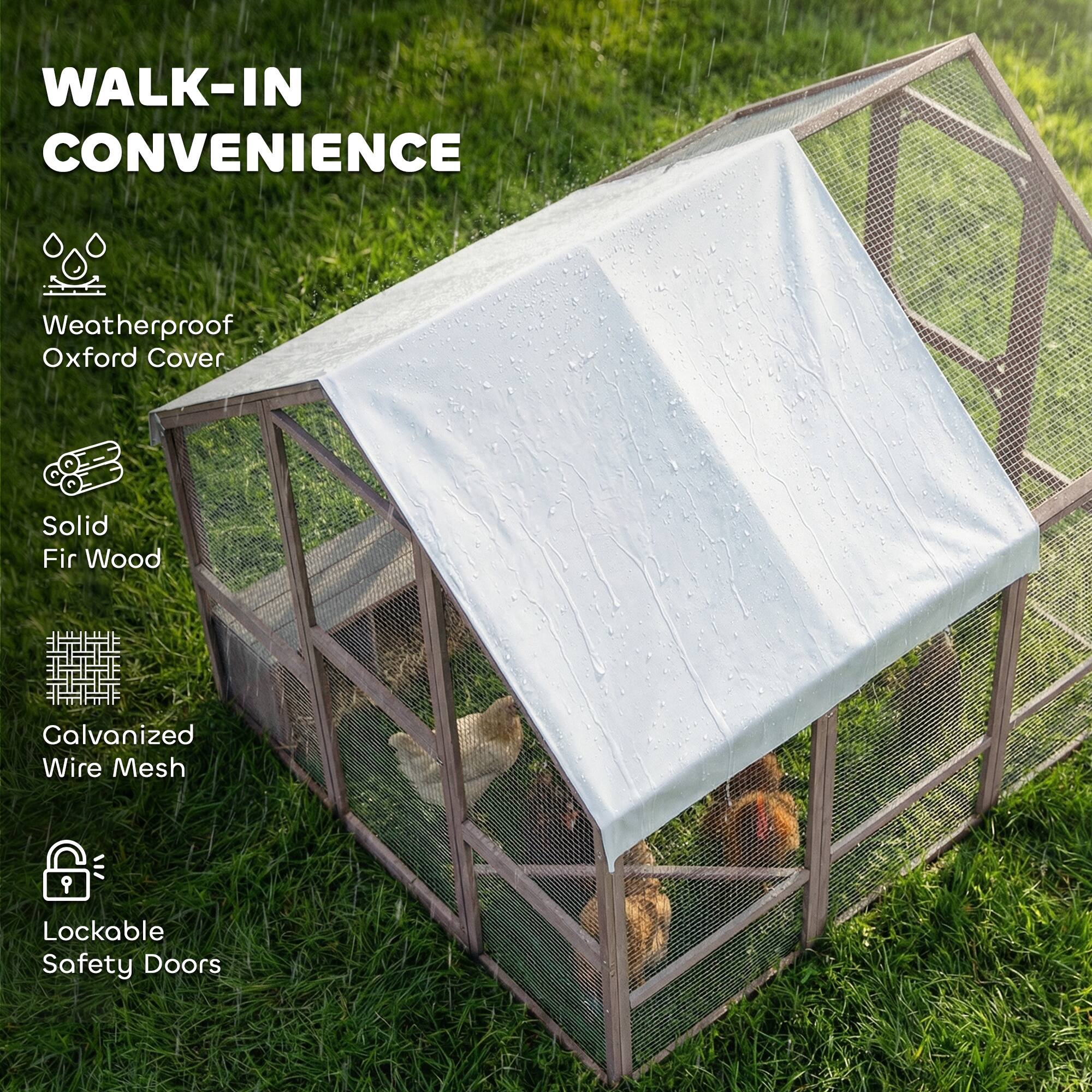 WALK-IN CONVENIENCE

- Weatherproof Oxford Cover
- Solid Fir Wood
- Galvanized Wire Mesh
- Lockable Safety Doors