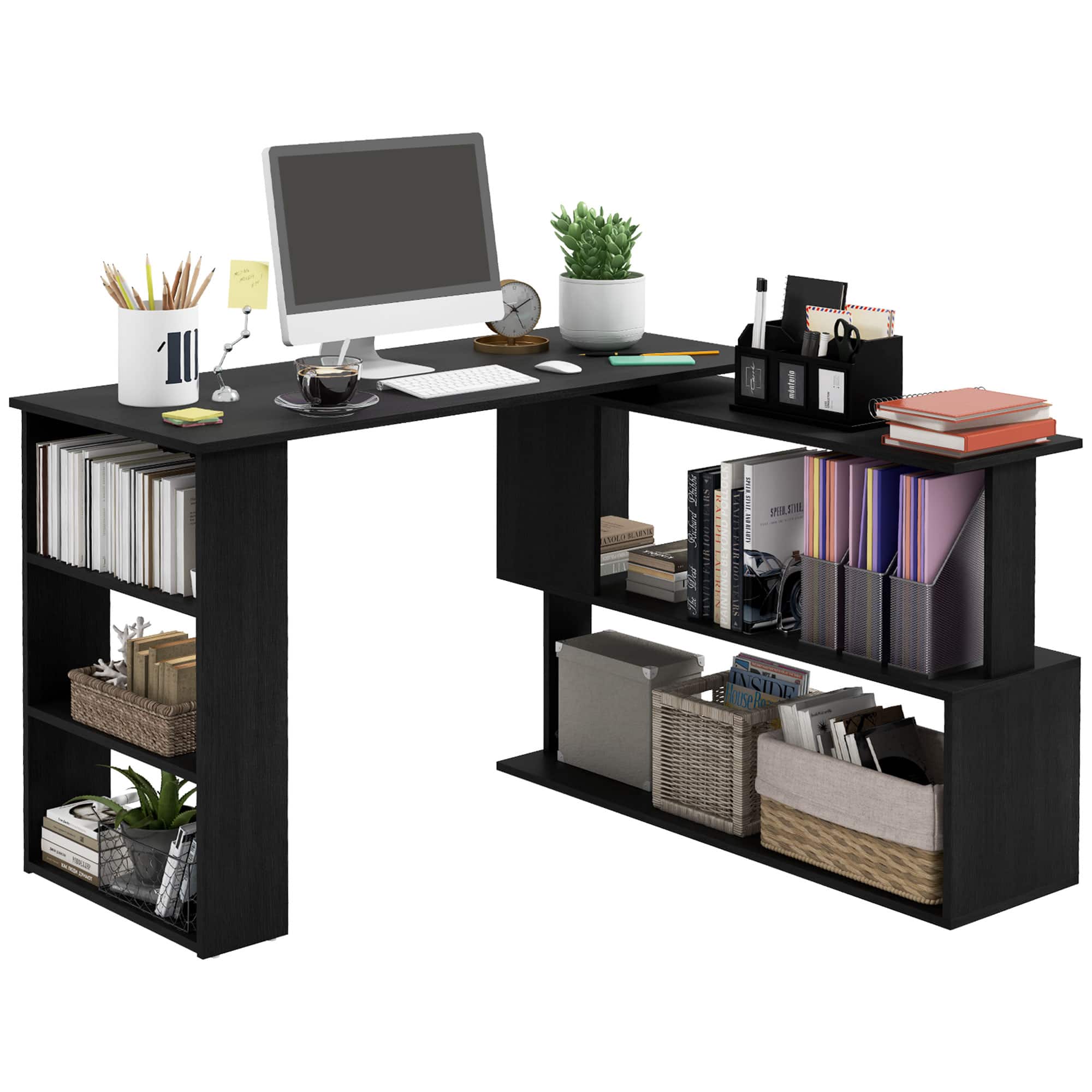 Homcom - L Shaped Desk, Corner Computer Desk, 360 Degree Rotating Home Office Desk with Storage Shelves - Black