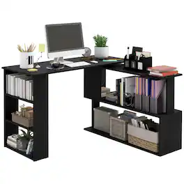 Homcom - L Shaped Desk, Corner Computer Desk, 360 Degree Rotating Home Office Desk with Storage Shelves - Black
