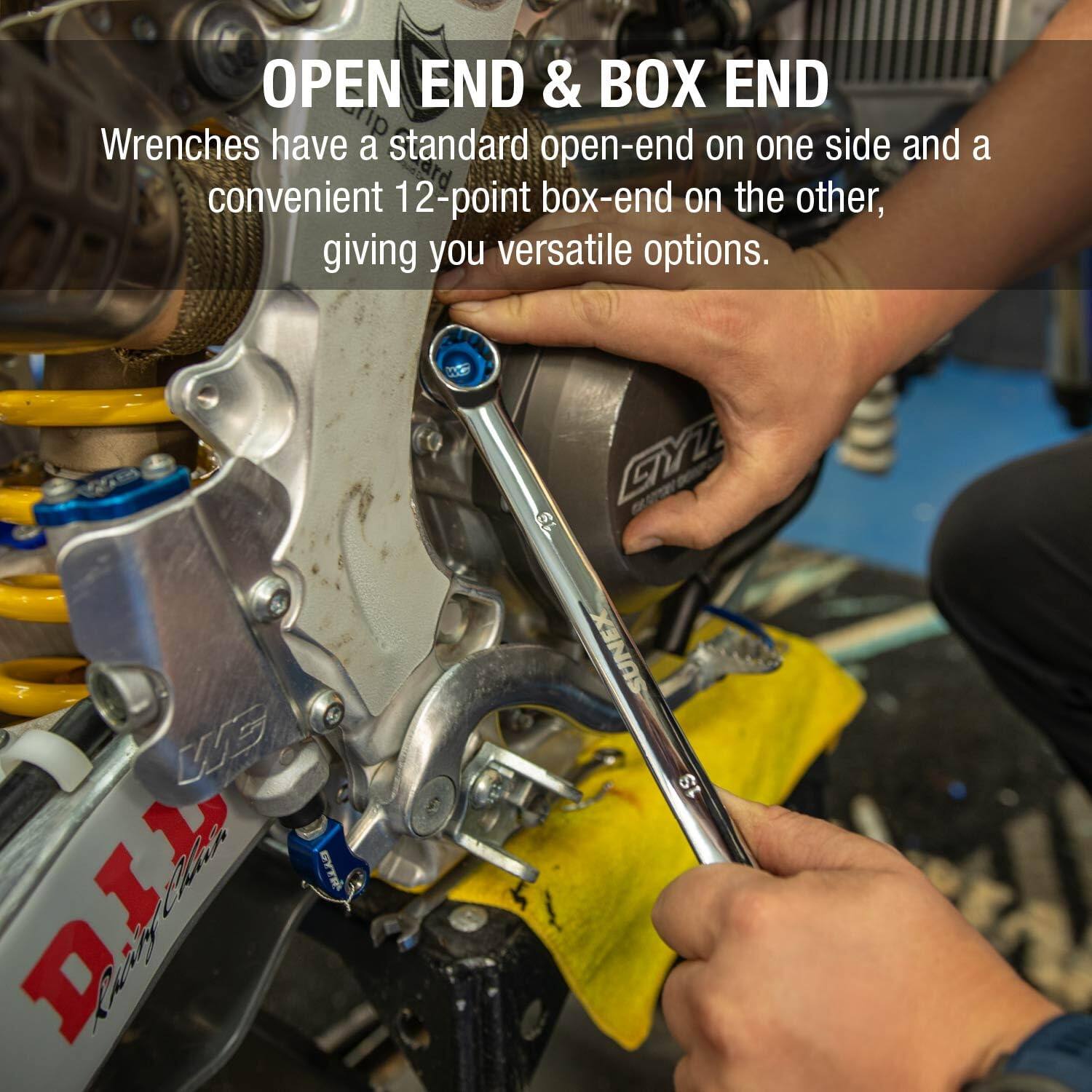 OPEN END & BOX END  
Wrenches have a standard open-end on one side and a convenient 12-point box-end on the other, giving you versatile options.