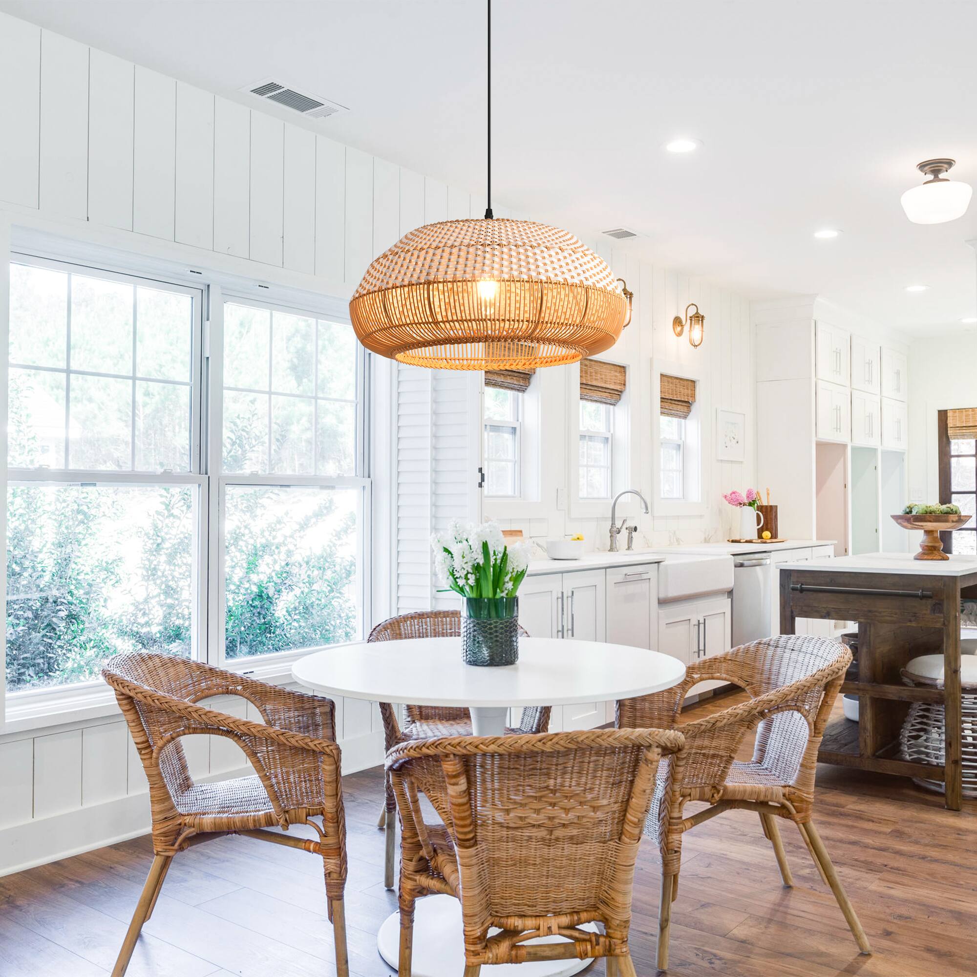 Front. Parrot Uncle - 1-Light Coastal Retro Brown Rattan Hand-Woven Cloche Hanging Cage Pendant Light - Brown.