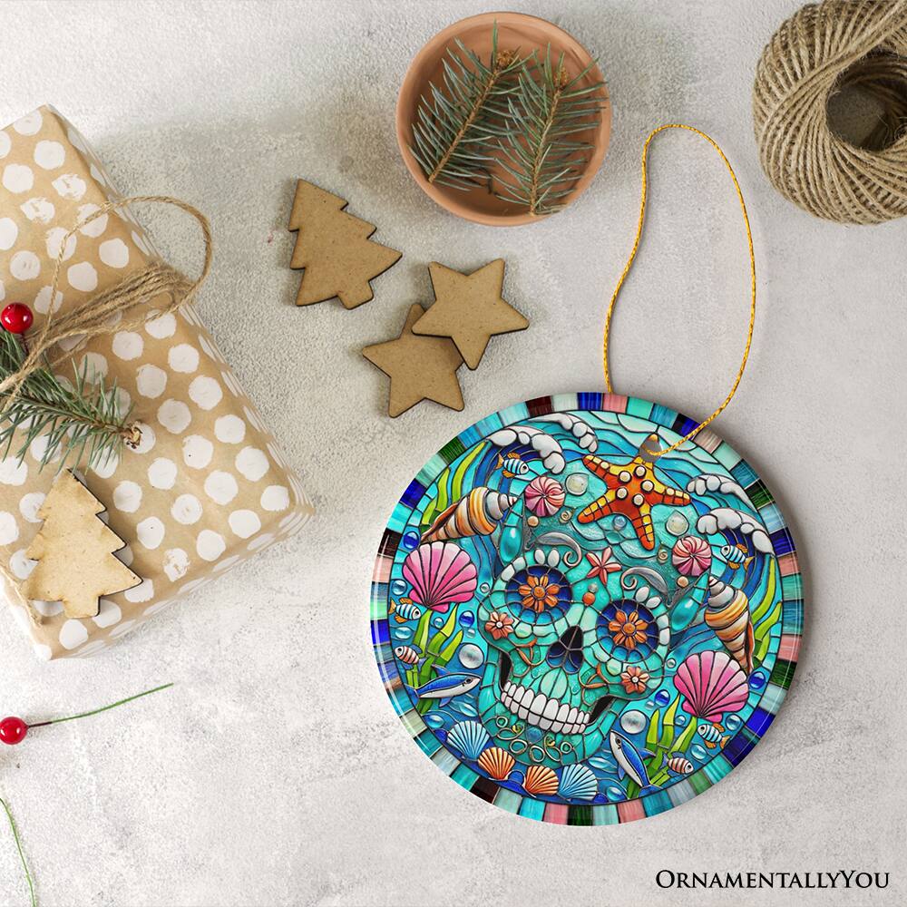 Back. OrnamentallyYou - Oceanic Oasis Sugar Skull Stained Glass Style Ornament Marine Wonder Christmas Gift and Decor - Multi-colored.