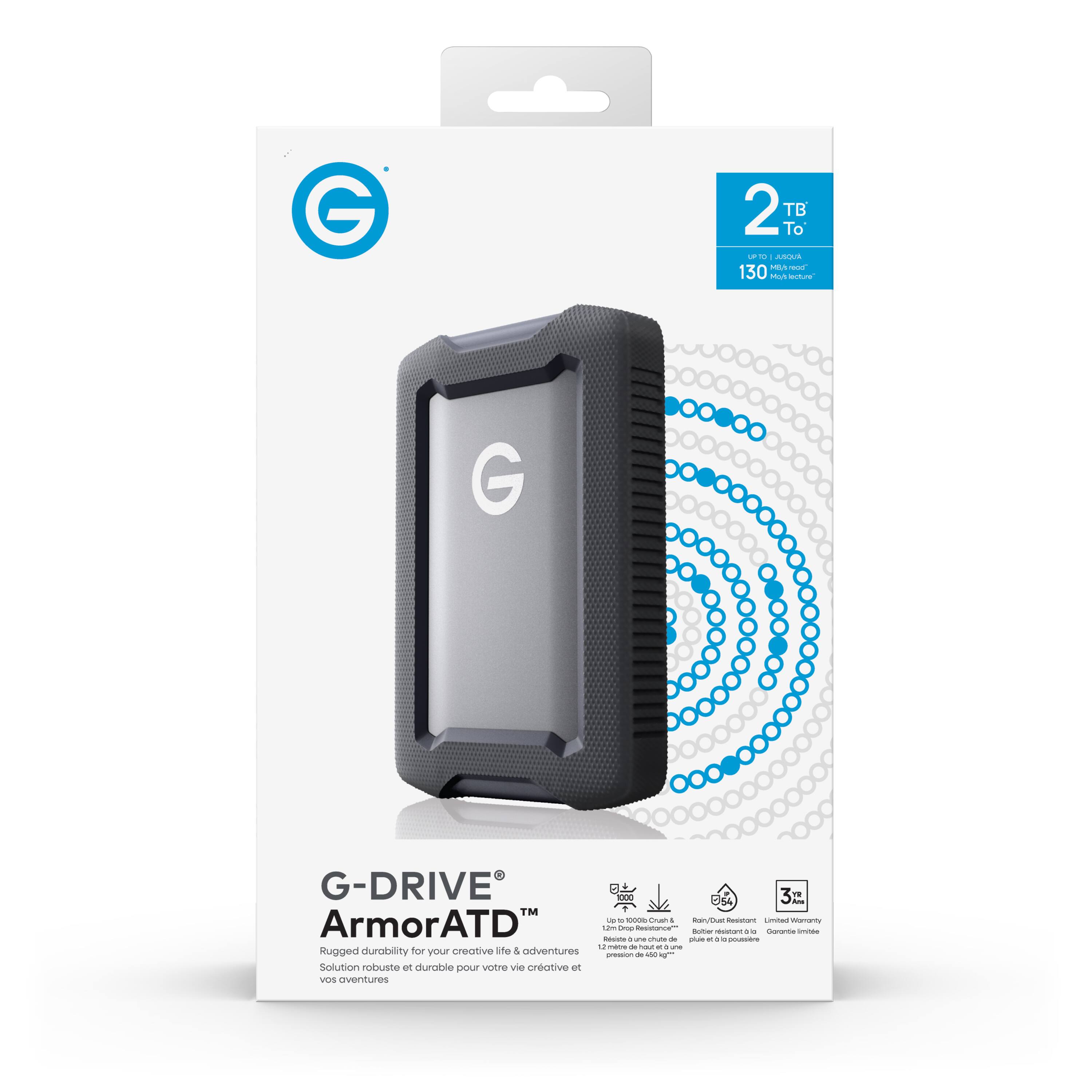 G 2 TB To - - . ANE - 130 u actura G G-DRIVE ArmorATD Rugged durability for your creative life & adventures Solution robuste et durable pour votre vie créative et vos aventures E 354 3 -- - - an - - - Limtan - 10 -rop nacs - sas + - ererta - - - - - - sum - - - .. -are - - - - - - - -