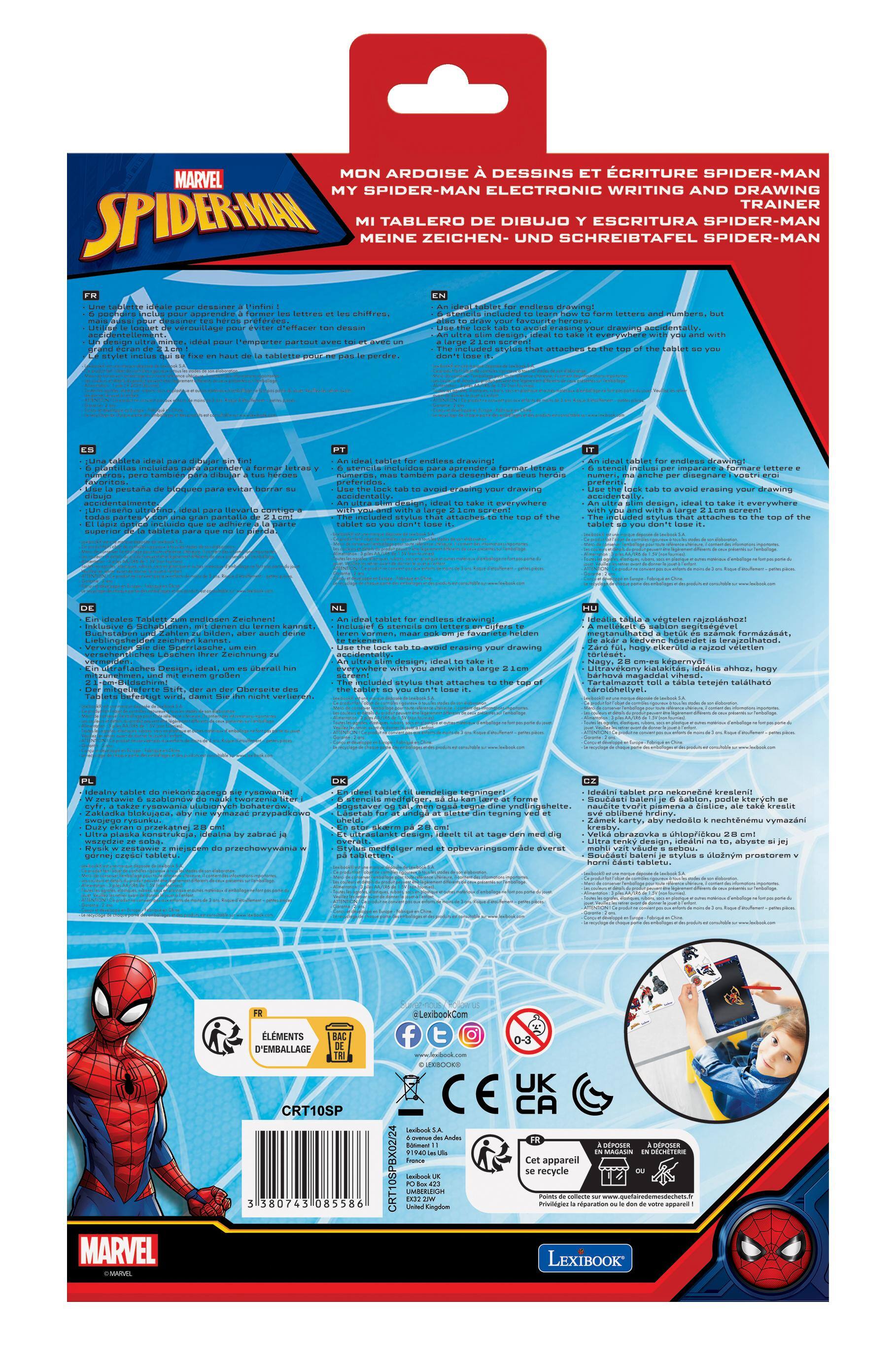 MON ARDOISE DESSINS ET CRITURE MARVEL  
MY WRITING AND DRAWING TRAINER SPIDER-MAN  
MI TABLERO DE DIBUJO Y ESCRITURA SPIDER-MAN  
MEINE ZEICHEN- UND SCHREIBTA FEL SPIDER-MAN  

dessiner Pinfini endless VIDUA your new lettres 1% bes to learn how to letters out  
loquet  
prevent 100 havell  
la  
con dessin partout aven le  
the cook iab to avoid crasing your visra 10 take targe styles that attaches don't  
with trops of the tables  
with you  
in!  
islead tablet for endless drawing! tambm para  
isleal  
for SIMP!  
lettere  
4 0  
de  
para -- may  
contieo  
Line  
lock tab to your drawing ideat take screent that to sager ed - you lose  
UM  
- avoid erasing your design, ideal to take that attaches by the 100 of  
ideal,  
ternen alter hin des  
to alls aveal your aleal take with and large that attashes 18 the  
