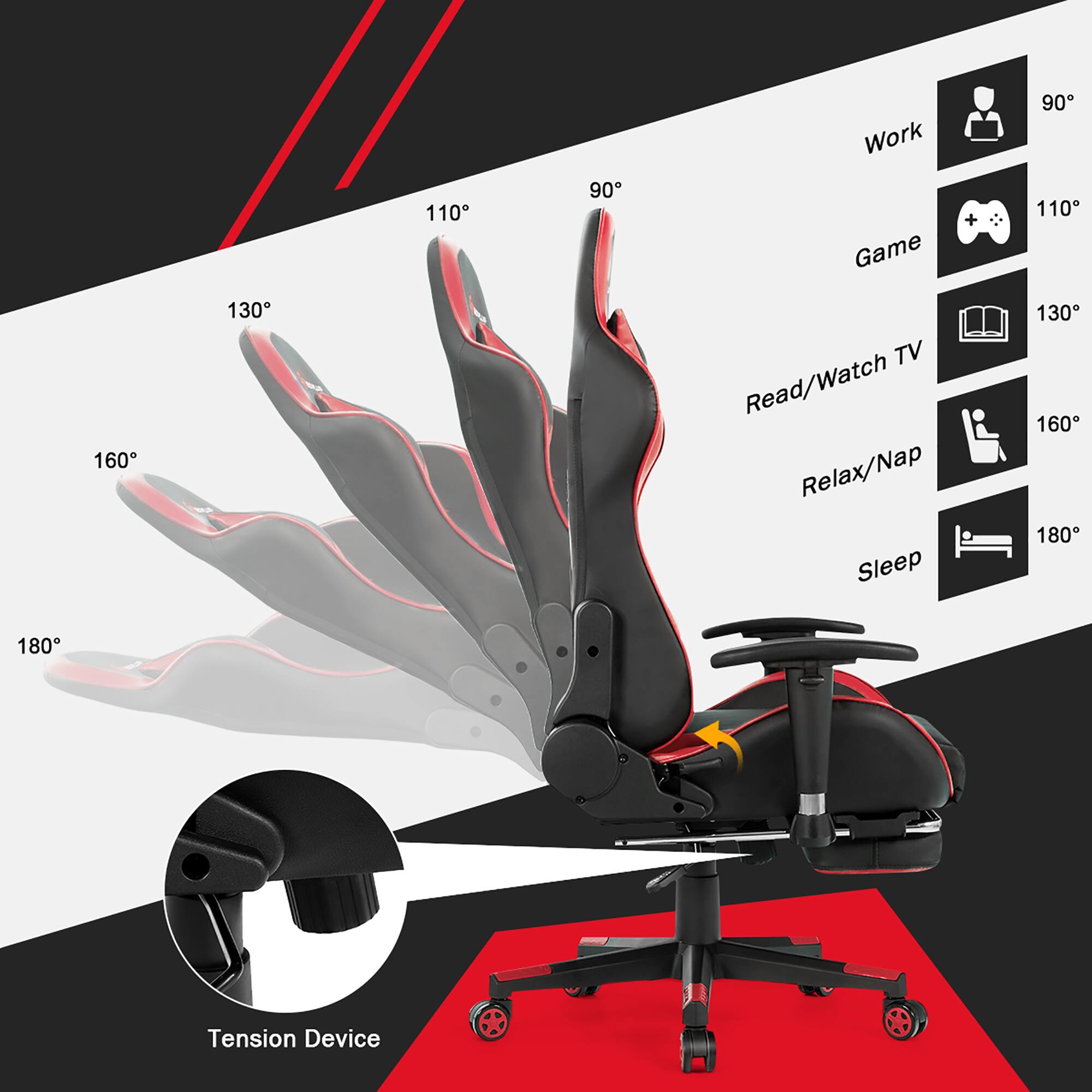 The image shows a chair with a tension device, which is designed to provide support and comfort for the user. The chair is also equipped with a footrest and a headrest, making it suitable for various activities such as work, gaming, and relaxation. The tension device can be adjusted to provide the desired level of support, and the chair is suitable for users of different heights, with a range of 110 to 180 inches. The chair is also designed to be ergonomic, promoting good posture and reducing the risk of strain or discomfort during extended periods of use.