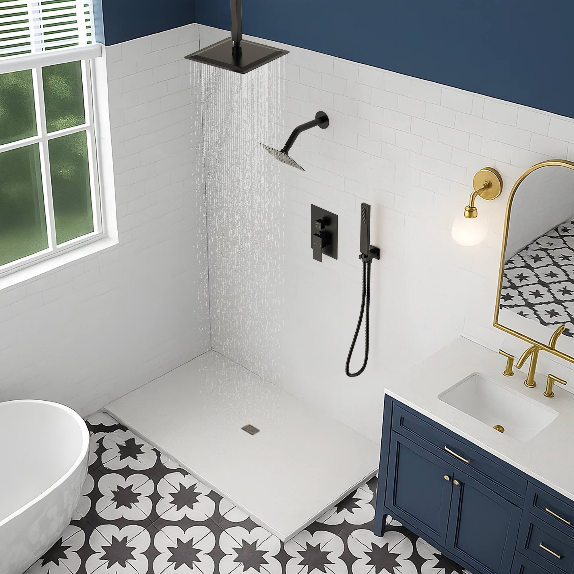 Alt View 7. GRANDJOY - Dual Shower System with 10" Ceiling Rain Head, Handheld Sprayer, and Pressure Balance Valve for Modern Bathroom - Matte Black.