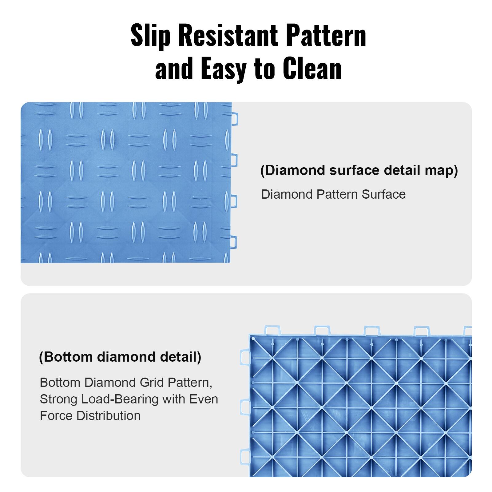 Slip Resistant Pattern and Easy to Clean

(Diamond surface detail map)  
Diamond Pattern Surface

(Bottom diamond detail)  
Bottom Diamond Grid Pattern,  
Strong Load-Bearing with Even Force Distribution