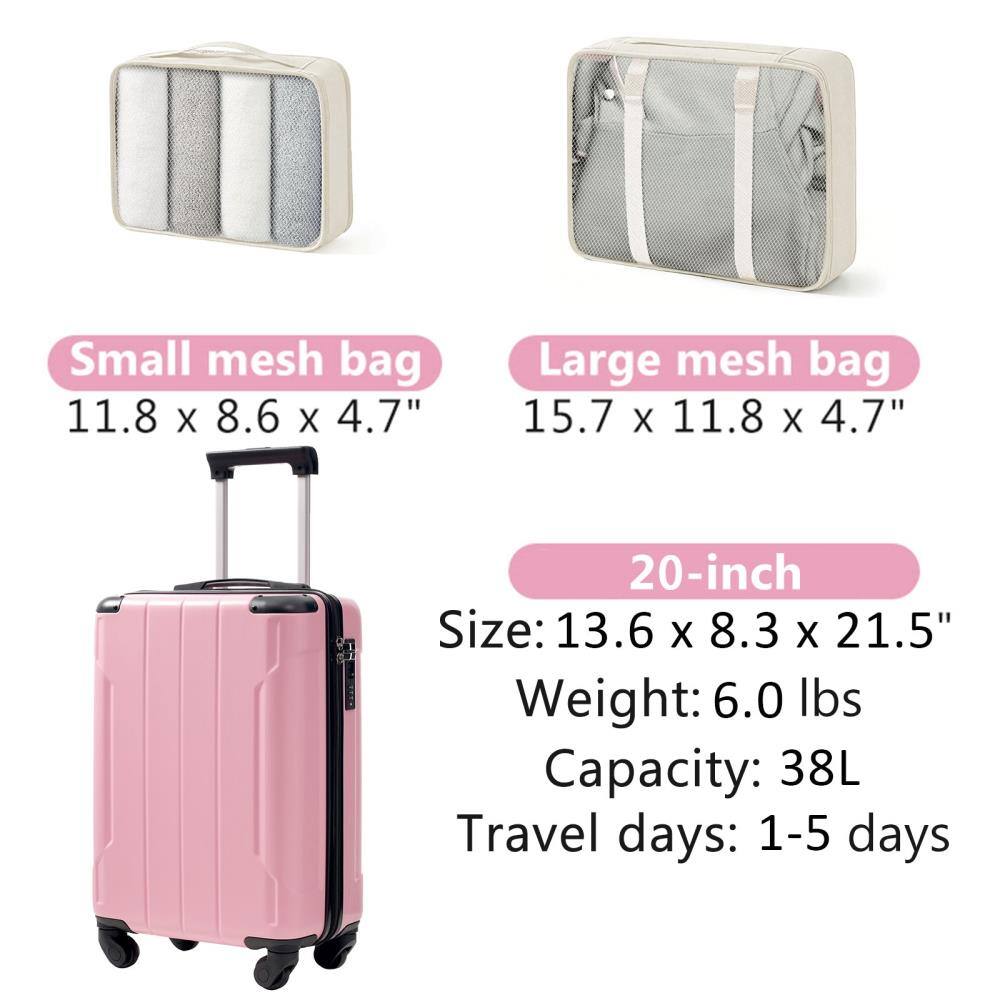 Small mesh bag: 11.8 x 8.6 x 4.7"  
Large mesh bag: 15.7 x 11.8 x 4.7"  

20-inch  
Size: 13.6 x 8.3 x 21.5"  
Weight: 6.0 lbs  
Capacity: 38L  
Travel days: 1-5 days