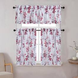 Kate Aurora - Watercolor Floral Lillies Complete 3 Piece Rod Pocket Kitchen Curtain Tier & Valance Set - Berry