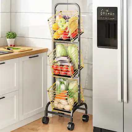 Front. Malletson - 360° Rotating Storage Basket Cart, Wire Market Basket Food Storage Stand with Wheels, Vegetable Pantry Basket - Black.