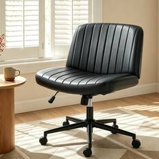 Front. Sweet - Criss Cross Office Chair with Wheels Armless Desk Chair Comfy, Wide Seat PU Leather Vanity Chair, Black - Black.