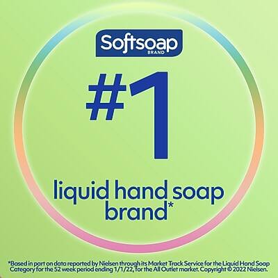 Softsoap BRAND  
#1 liquid hand soap brand*  
*Based in part on data reported by Nielsen through its Market Track Service for the Liquid Hand Soap Category for the 52 week period ending 1/1/22, for the All Outlet market. Copyright © 2022 Nielsen.