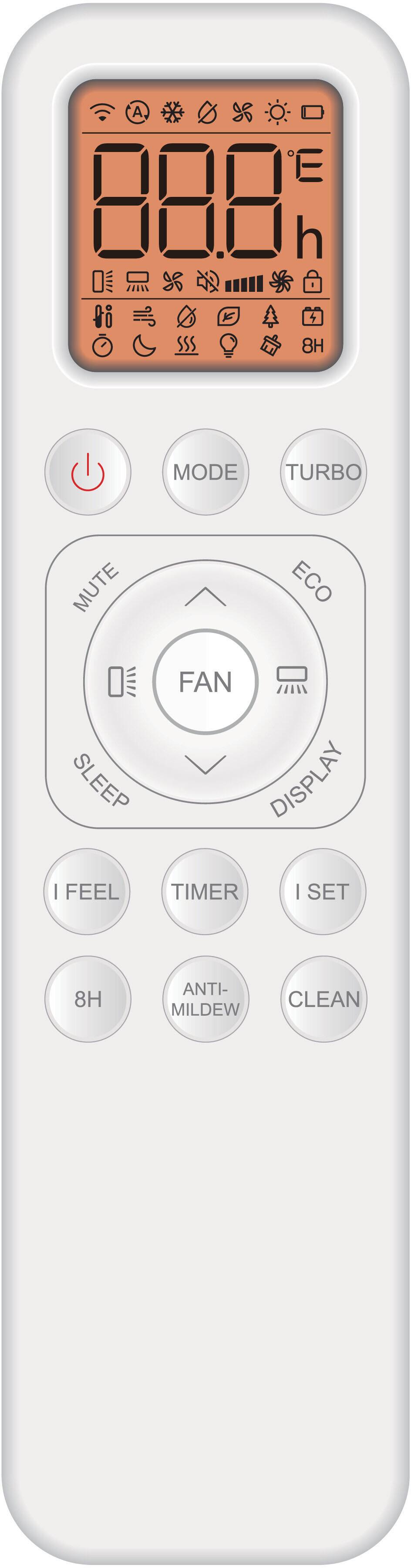 88.8 Di 8H  
MODE  
TURBO  
MUTE  
ECO  
FAN  
SLEEP  
DISPLAY  
I FEEL  
TIMER  
I SET  
8H  
ANTI-MILDEW  
CLEAN