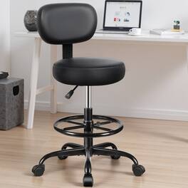 KERDOM - Height Adjustable Drafting Chair with Footrest Removable Back, PU Leather Swivel Stool with Wheels for Office, Salon - Black