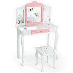 Front. Gymax - Gymax Kids Vanity Princess Makeup Dressing Table Chair Set W/ Tri-folding Mirror White - White.