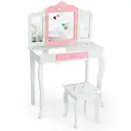 Front. Gymax - Gymax Kids Vanity Princess Makeup Dressing Table Chair Set W/ Tri-folding Mirror White - White.