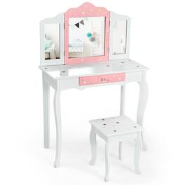 Gymax - Kids Vanity Princess Makeup Dressing Table Chair Set W/ Tri-folding Mirror - White