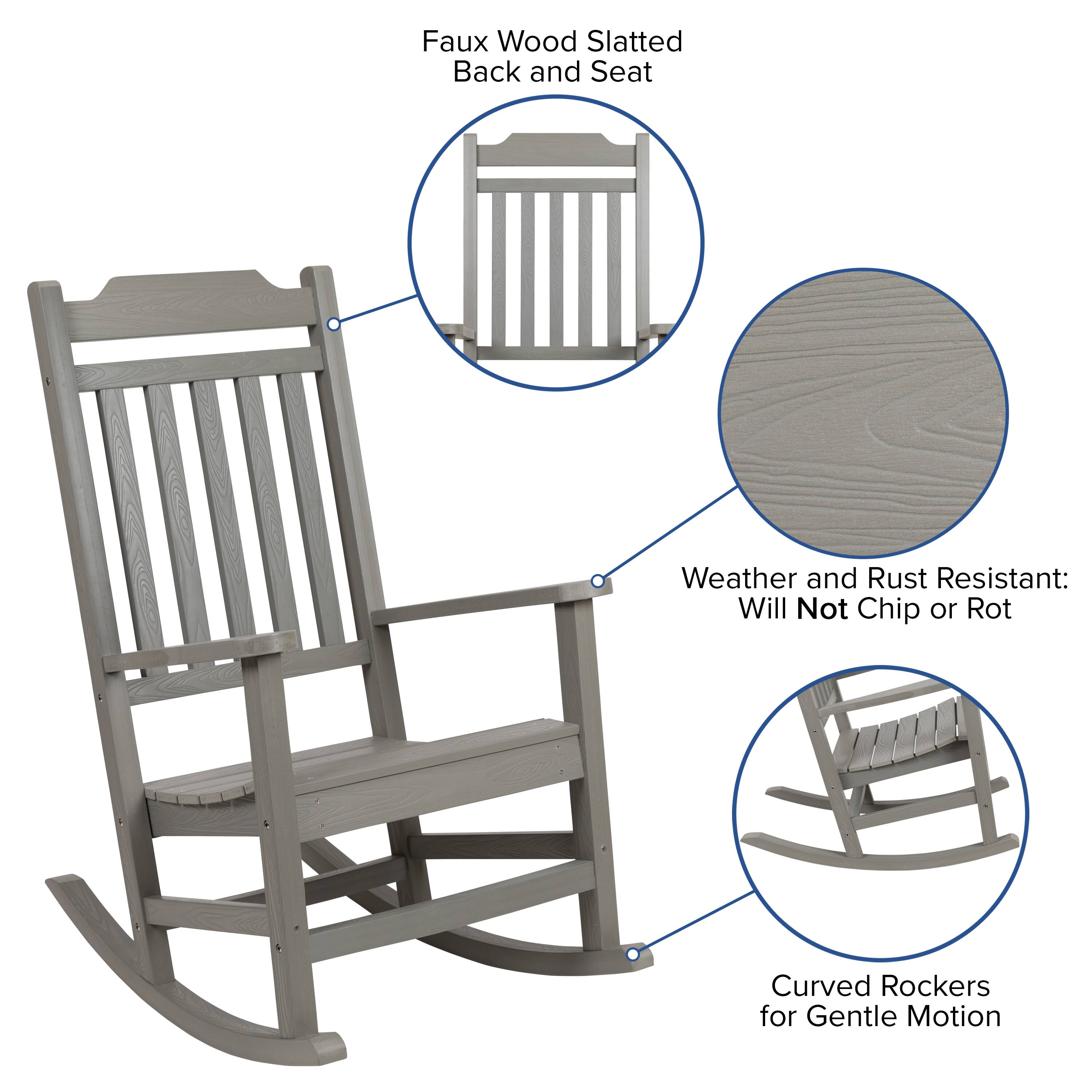Faux Wood Slatted Back and Seat  
Weather and Rust Resistant: Will Not Chip or Rot  
Curved Rockers for Gentle Motion