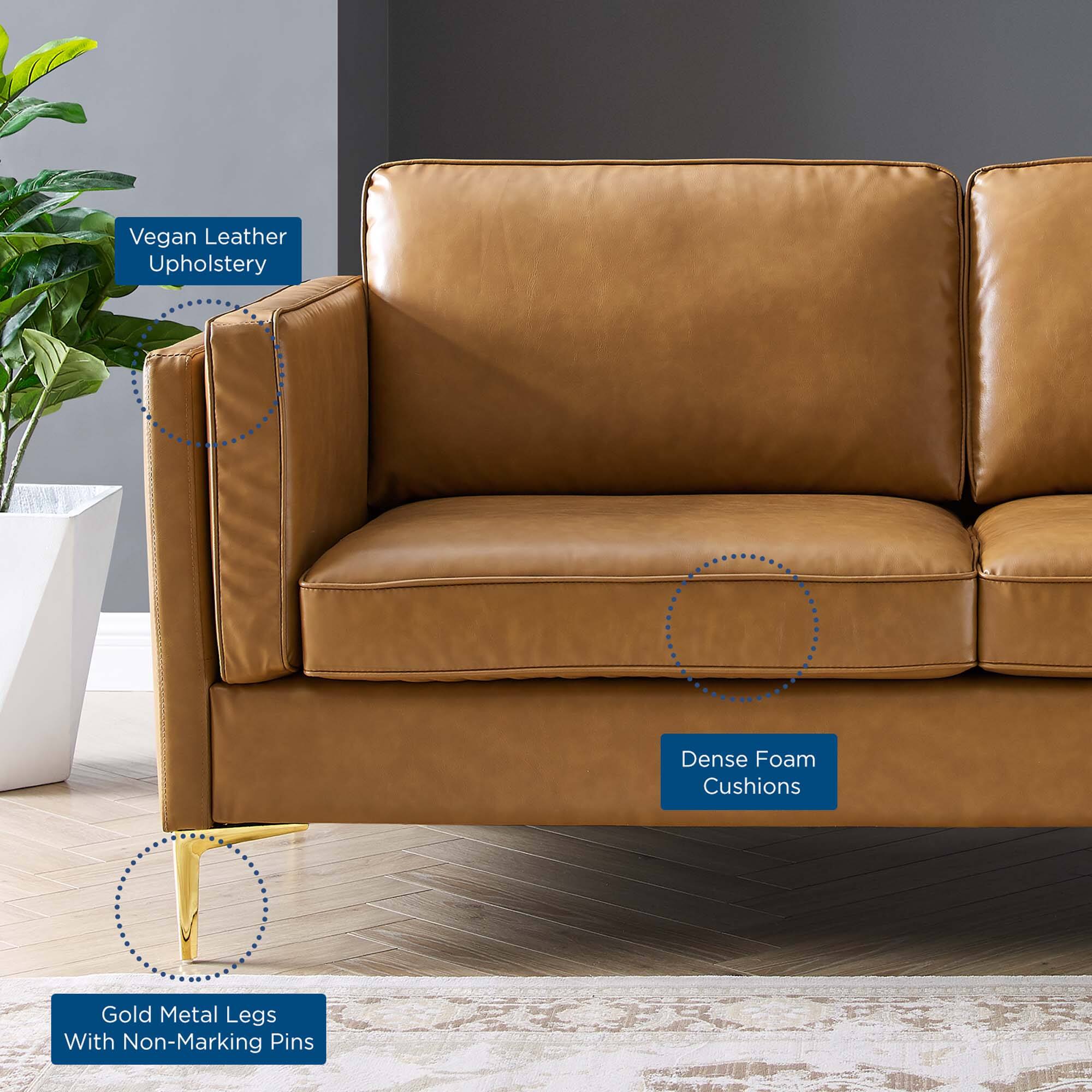Vegan Leather Upholstery  
Dense Foam Cushions  
Gold Metal Legs With Non-Marking Pins