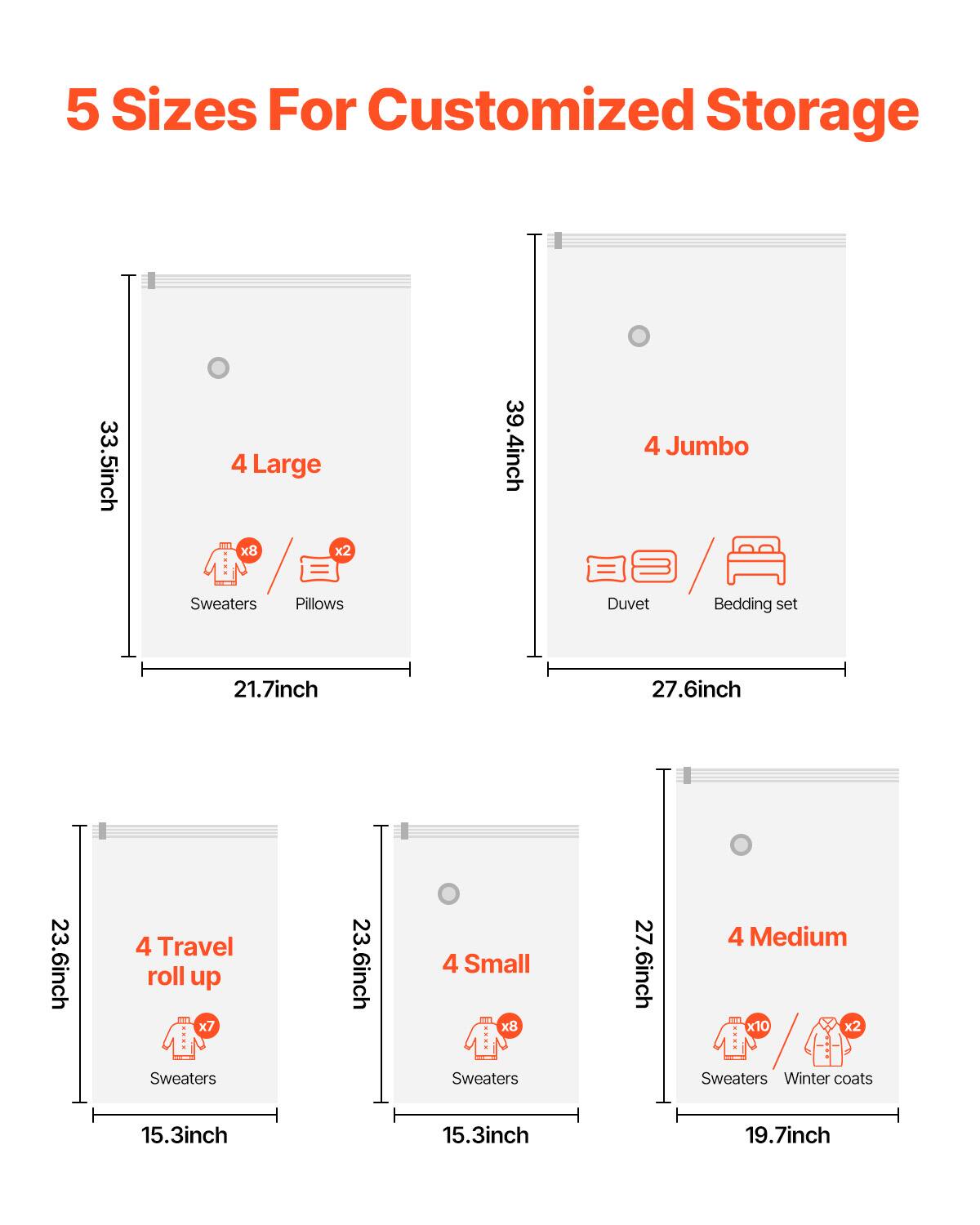 5 Sizes For Customized Storage

- 4 Large
  - 33.5 inch x 21.7 inch
  - 8 Sweaters / 2 Pillows

- 4 Jumbo
  - 39.4 inch x 27.6 inch
  - Duvet / Bedding set

- 4 Travel roll up
  - 23.6 inch x 15.3 inch
  - 7 Sweaters

- 4 Small
  - 23.6 inch x 15.3 inch
  - 8 Sweaters

- 4 Medium
  - 27.6 inch x 19.7 inch
  - 10 Sweaters / 2 Winter coats