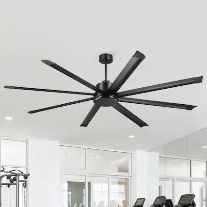 Front. Vaczon - 84" Industrial 8-Blade Aluminum 6-Speed HVLS Commercial Ceiling Fan with DC Motor and Remote Control, No Light - Matte Black.