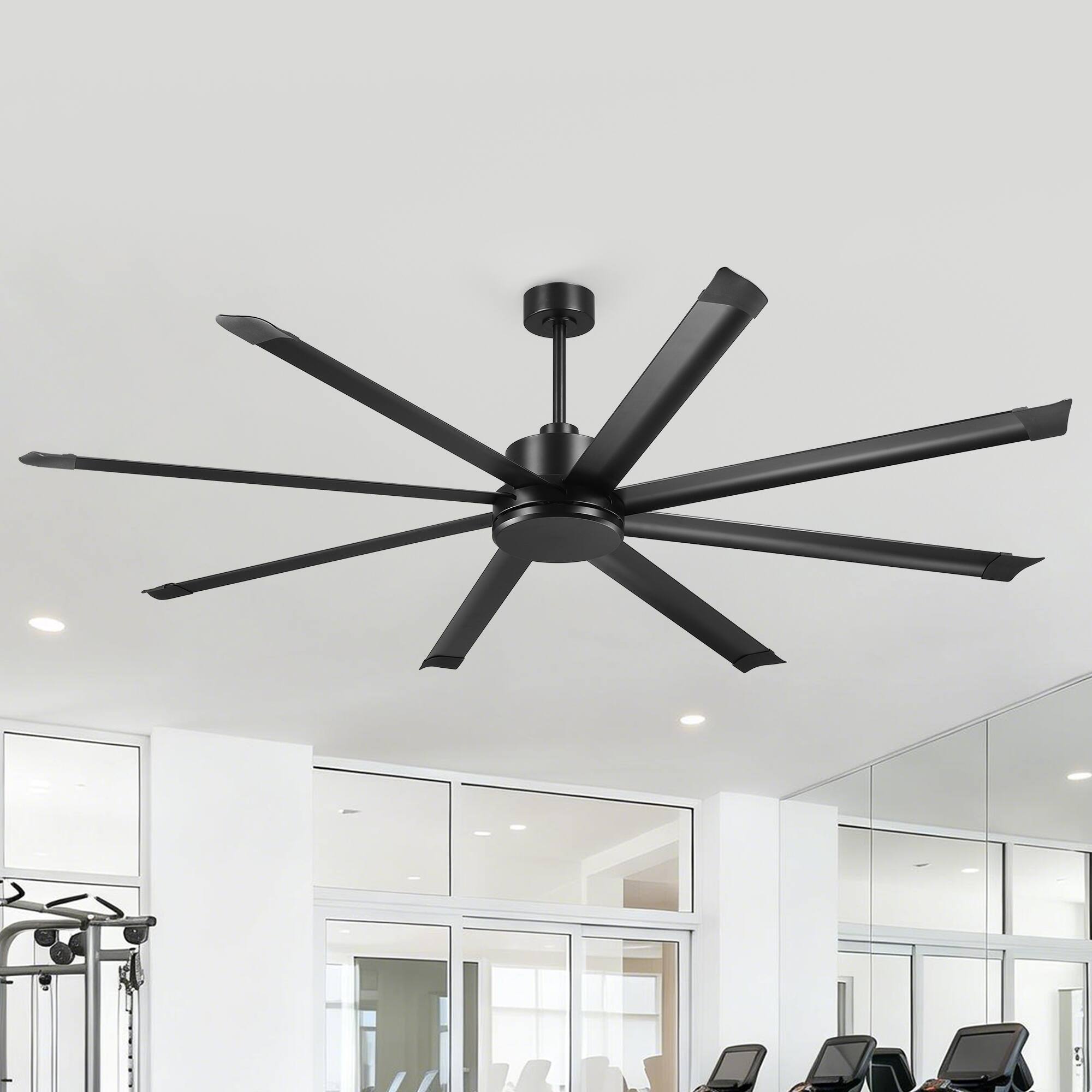 Front. Vaczon - 84" Industrial 8-Blade Aluminum 6-Speed HVLS Commercial Ceiling Fan with DC Motor and Remote Control, No Light - Matte Black.