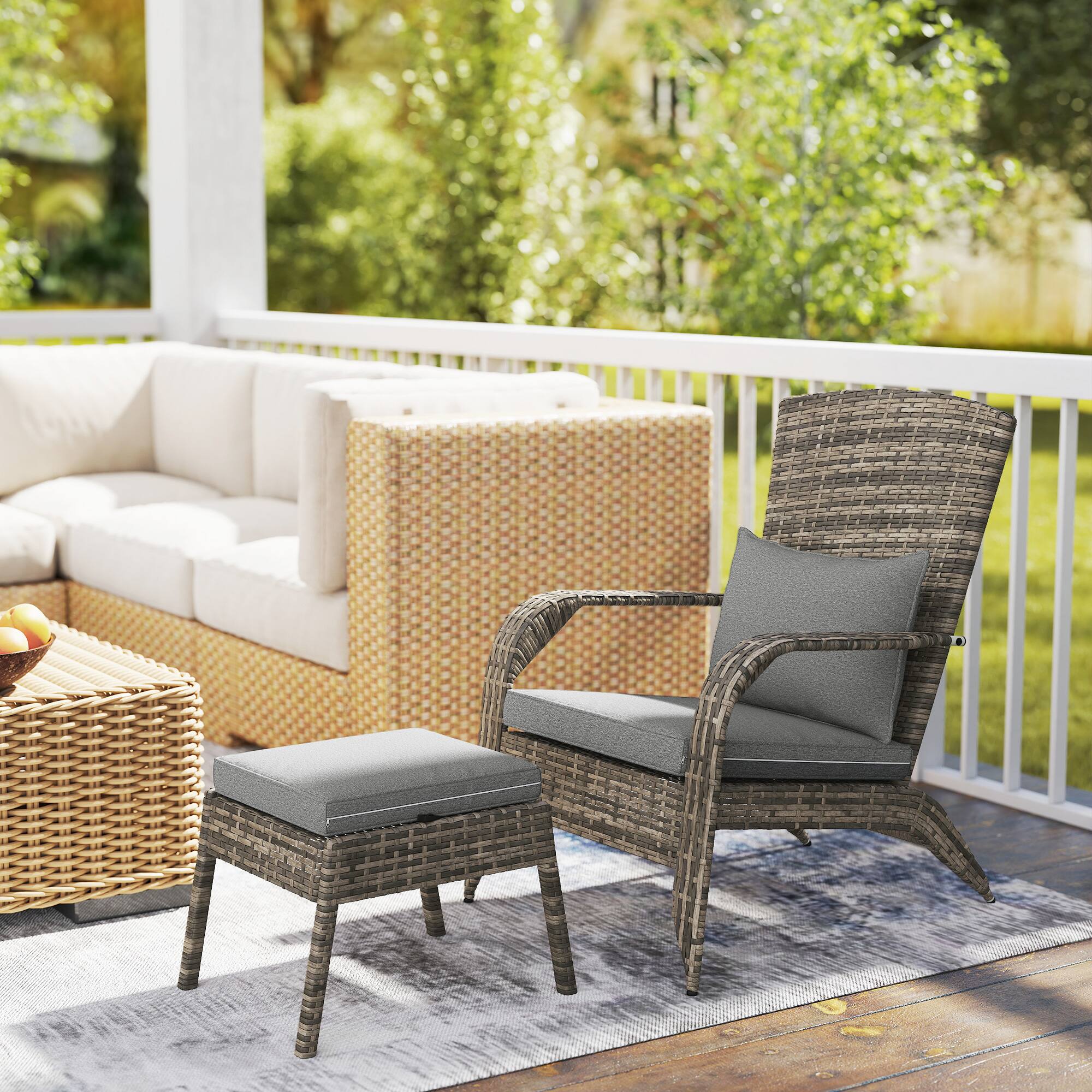 Alt View 1. Outsunny - Patio Wicker Adirondack Chair with Ottoman, Outdoor Fire Pit Chair with Cushions, High-Back, Large Seat & Armrests - Gray.