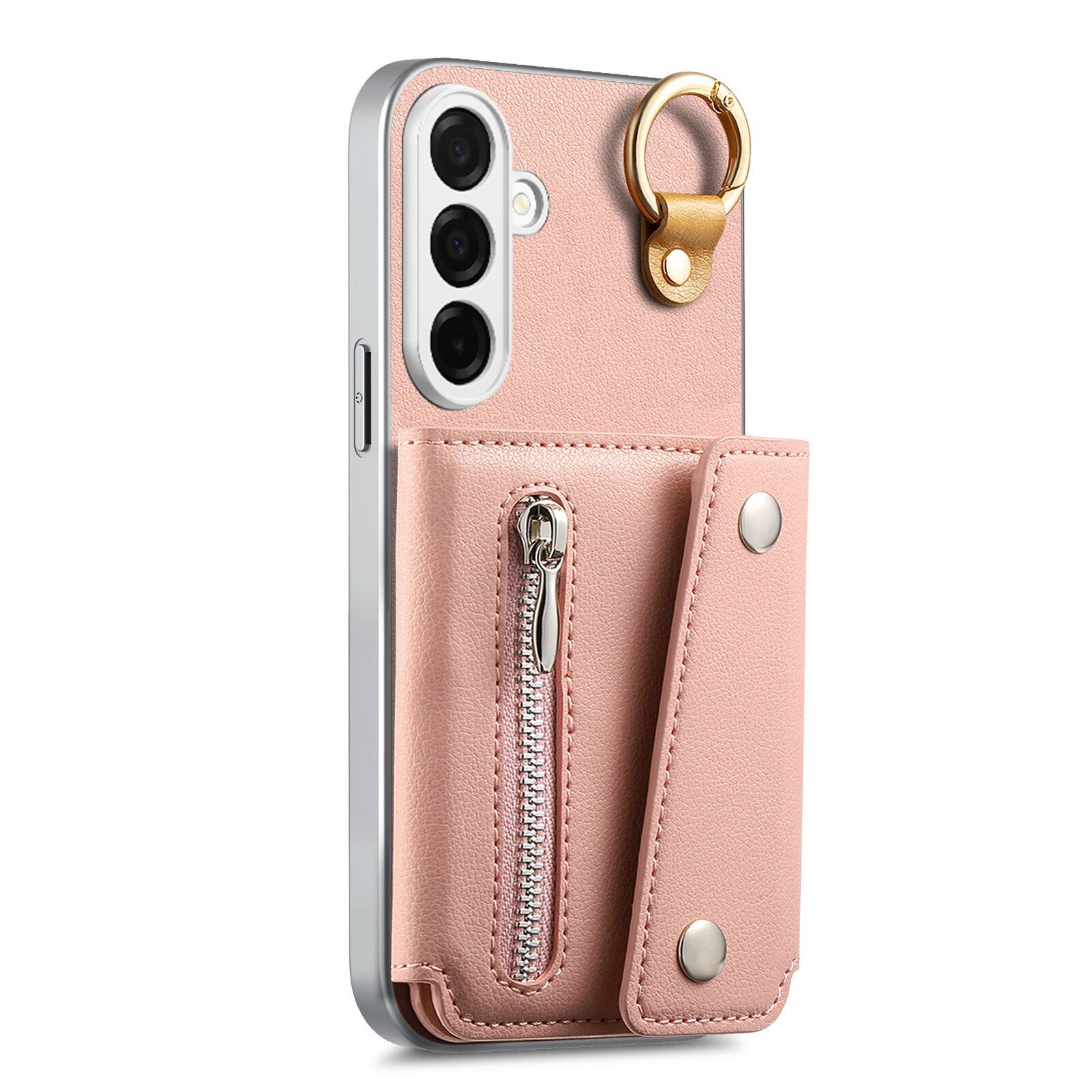Angle. Dteck - PU Leather Zipper Wallet Phone Case for Samsung Galaxy A16 5G with Ring Buckle, Shockproof Kickstand Protective Cover - Pink.