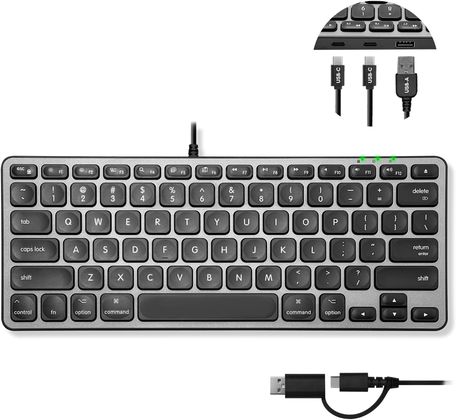 Macally - Wired Keyboard for Mac with USB Hub (2X USBC / 1x USBA) - Small Apple Key Board with 2 in 1 USB - Black