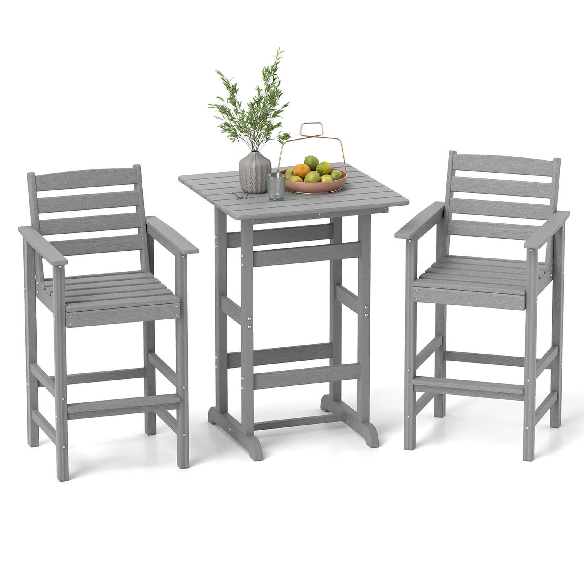 Costway - 3-Piece Patio HDPE Bar Set Armchairs with Square High-Top Table Footrest Backrest - Gray