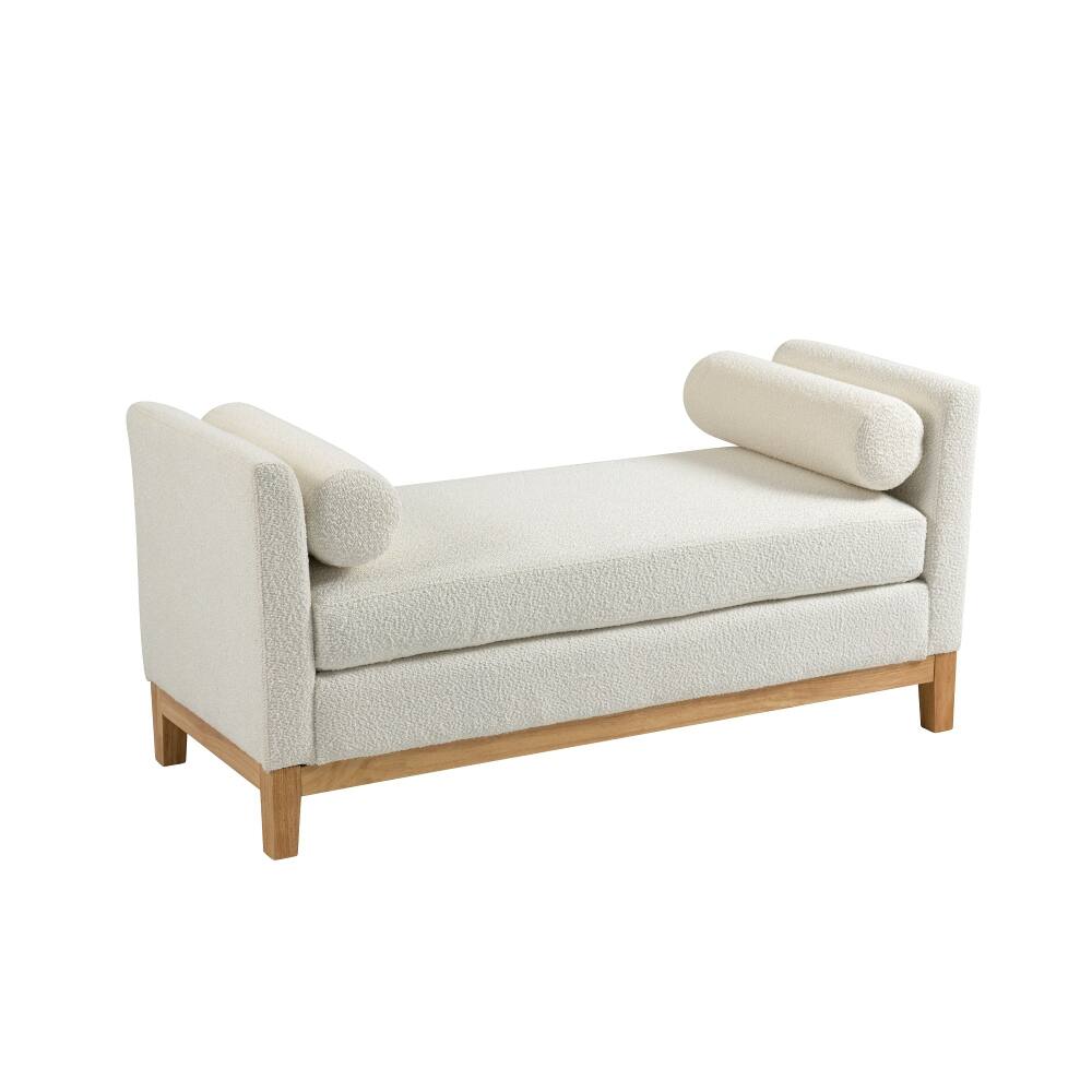 Angle. Ropilly - Ropilly Ivory Boucle Upholstered End of Bed Bench with Bolster Pillows & Wood Legs for Bedroom Entryway - Ivory.