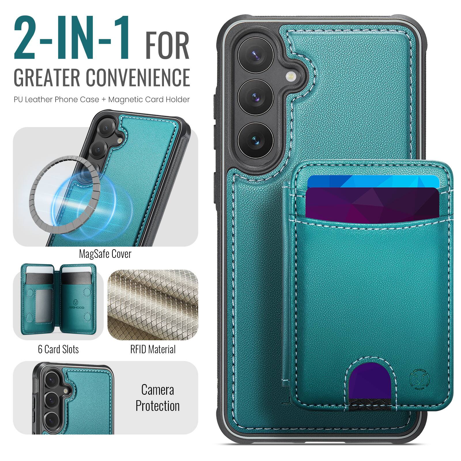 2-IN-1 FOR GREATER CONVENIENCE  
PU Leather Phone Case + Magnetic Card Holder  

MagSafe Cover  
6 Card Slots  
RFID Material  
Camera Protection