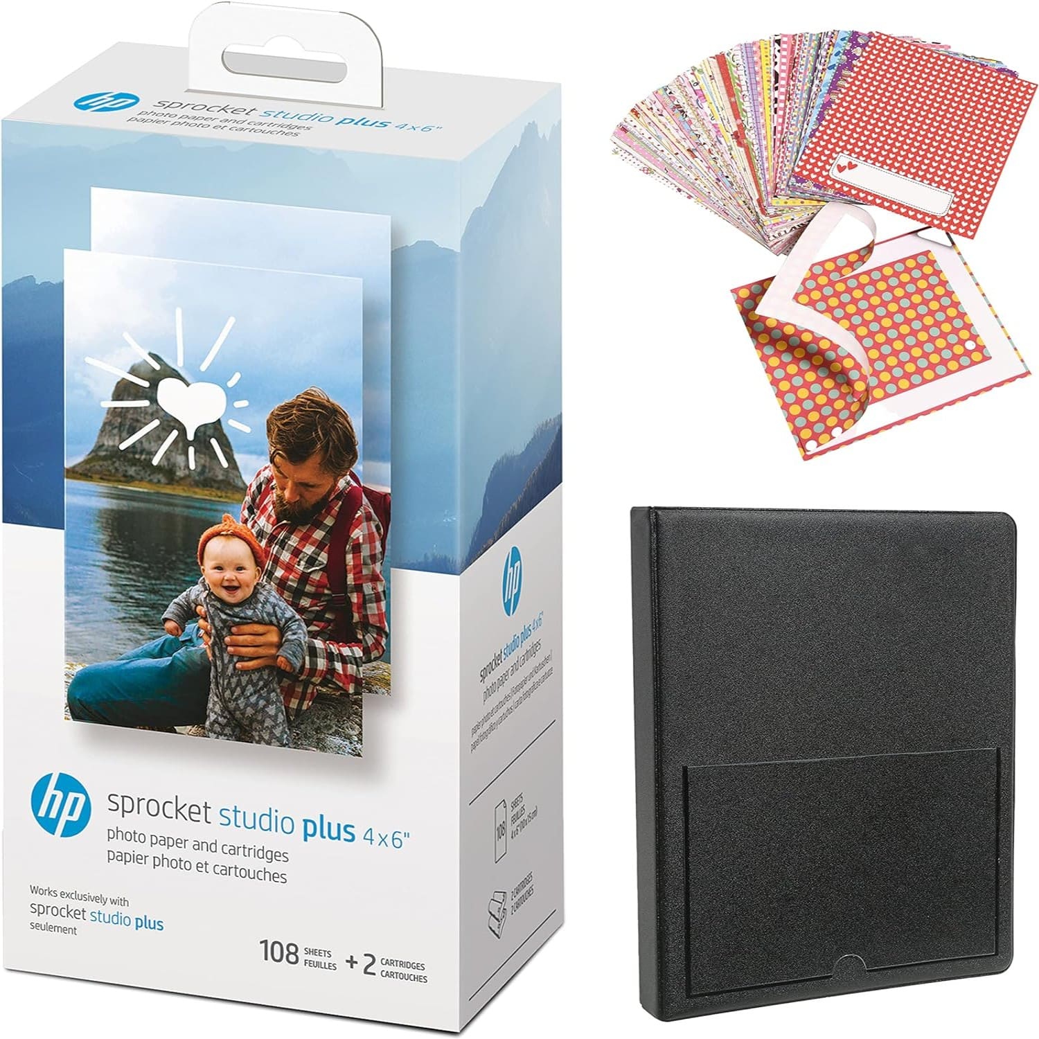 HP - 4x6 photo paper bundle, 108 sheets, 2 cartridges, sticker frames, album, printer compatible - White