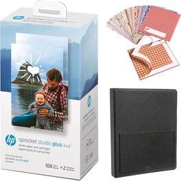 HP - 4x6 photo paper bundle, 108 sheets, 2 cartridges, sticker frames, album, printer compatible - White