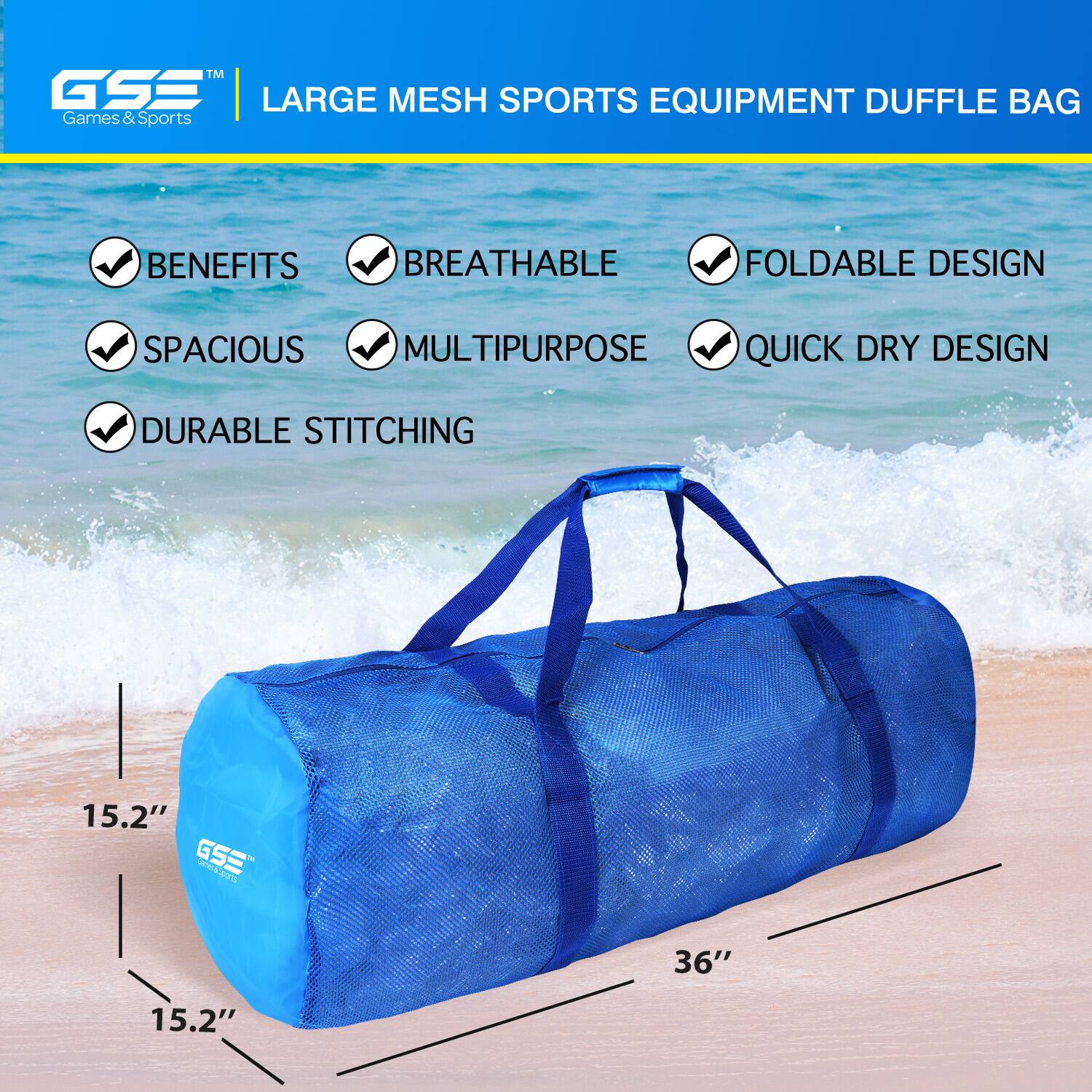 TM GSE LARGE MESH SPORTS EQUIPMENT DUFFLE BAG Games & Sports BENEFITS BREATHABLE FOLDABLE DESIGN SPACIOUS MULTIPURPOSE QUICK DRY DESIGN DURABLE STITCHING 15.2" 15.2" 36"