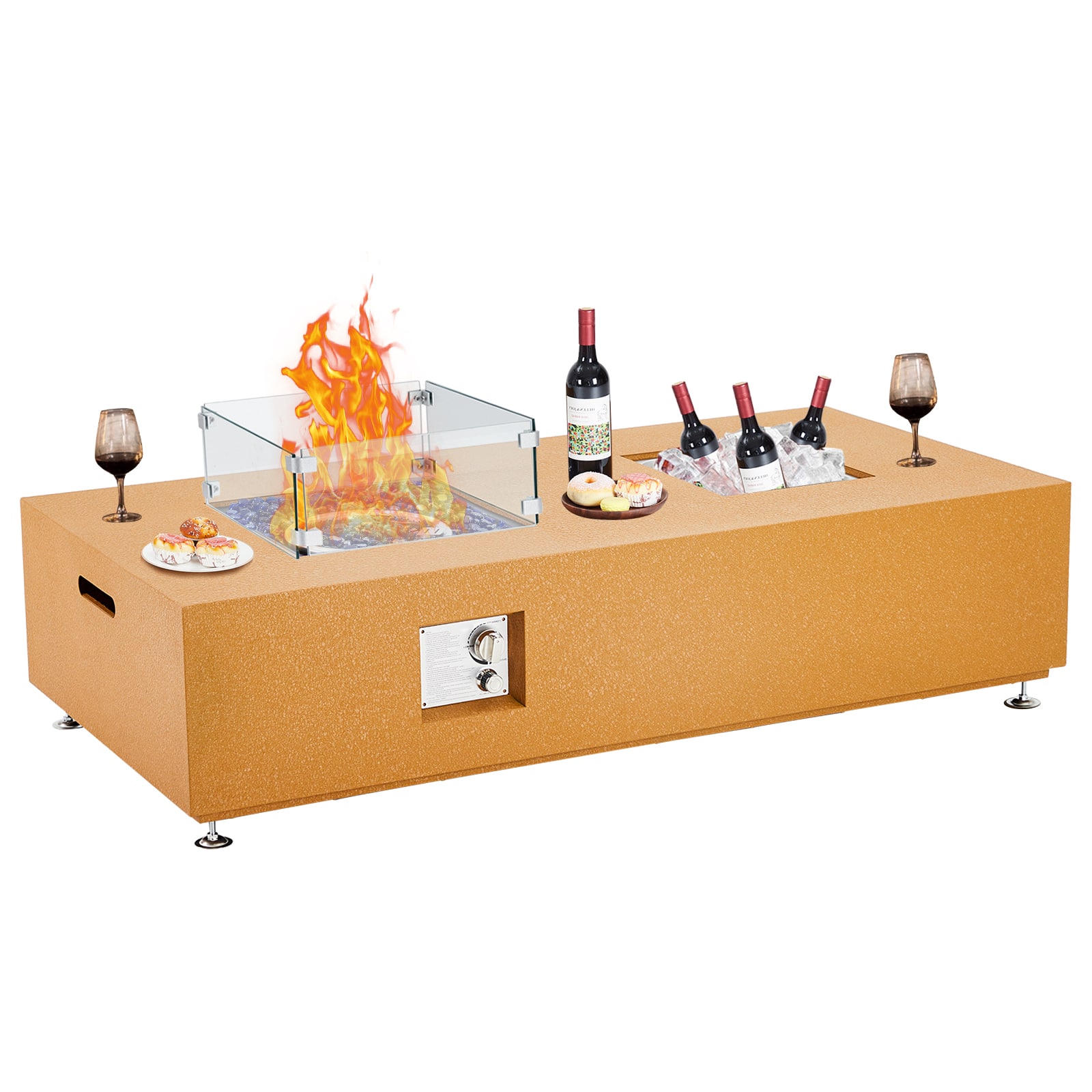 Acekool - 56" 2 in 1 50,000 BTU Certified Propane Fire Pit Table, Outdoor Fireplace with Wind Guard Glass Windshield, Yellow