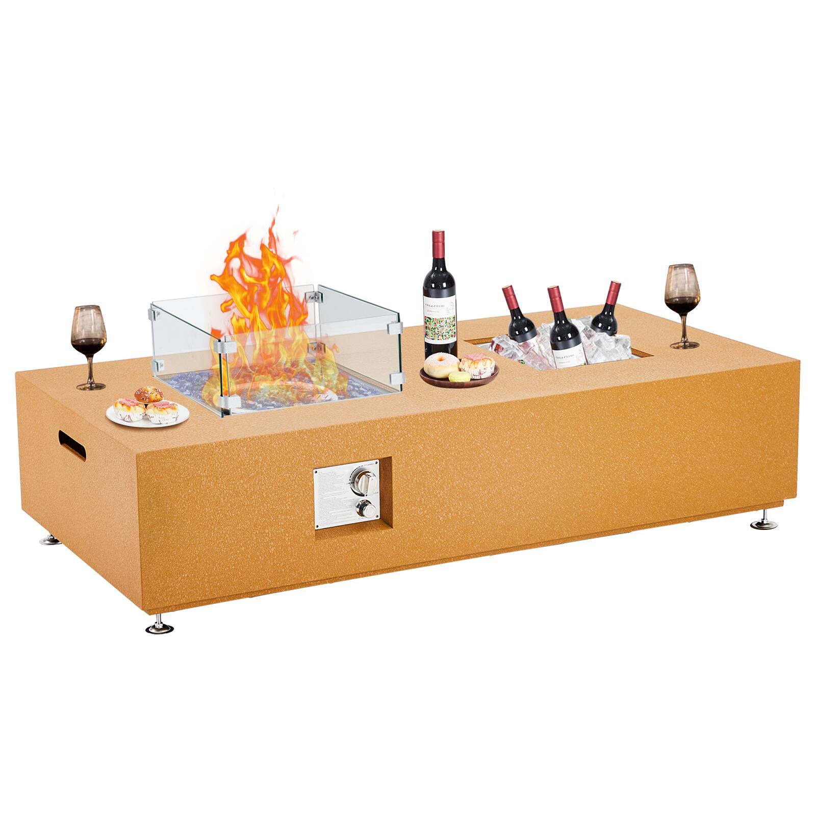 Front. Acekool - 56" 2 in 1 50,000 BTU Certified Propane Fire Pit Table, Outdoor Fireplace with Wind Guard Glass Windshield, Yellow.