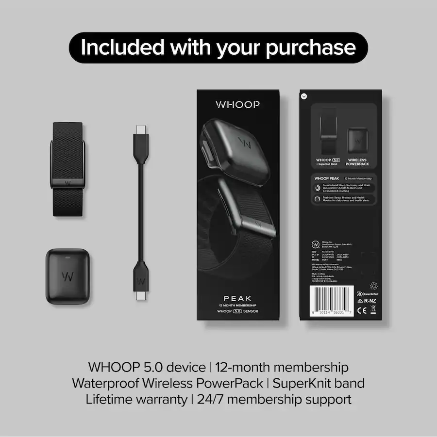 Woop Whatch WHOOP 5.0 Peak Health and Fitness Tracker 12 Month Membership Obsidian ...