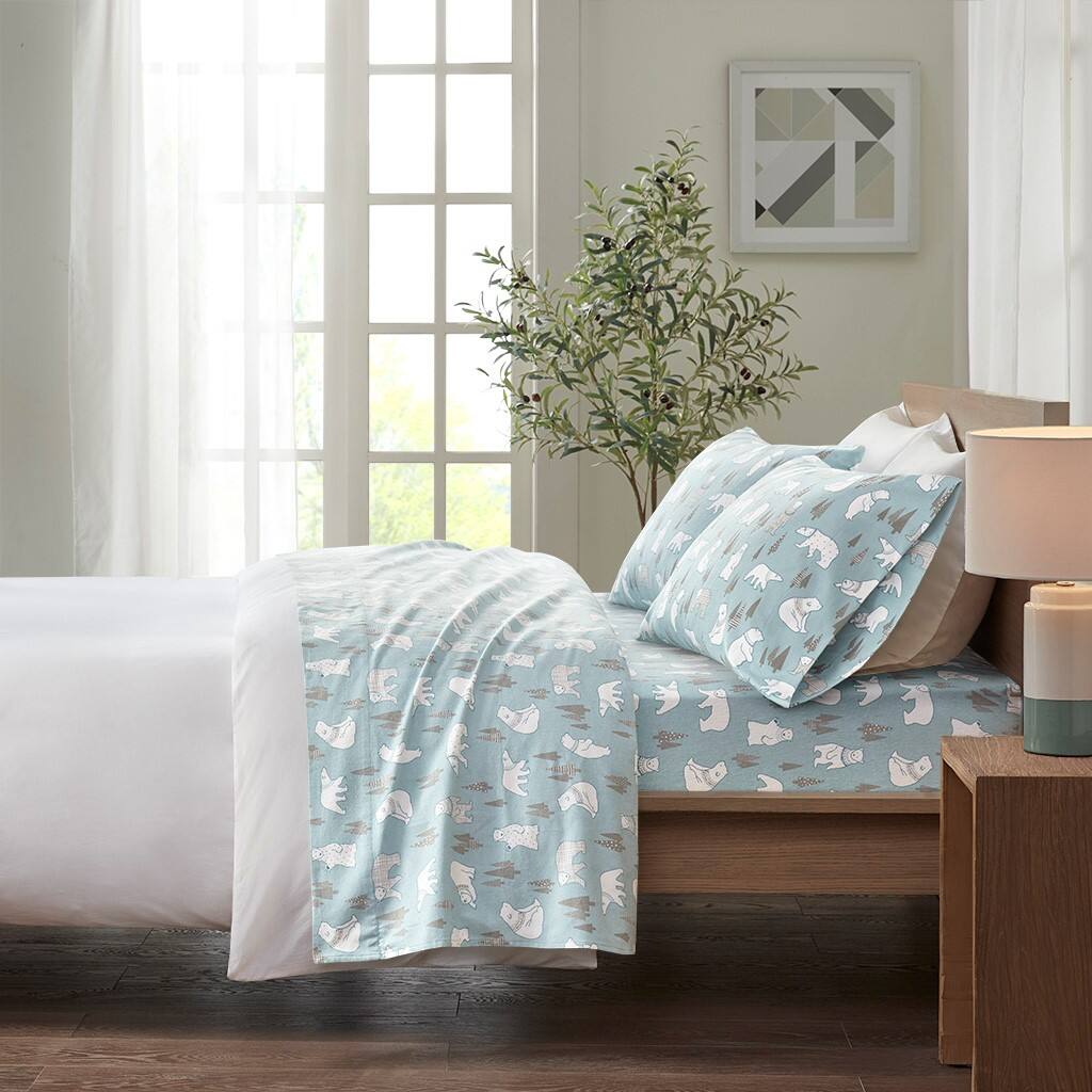 Alt View 1. Gracie Mills - Gracie Mills Persephone Cotton Flannel Sheet Set - Blue Polar Bears.